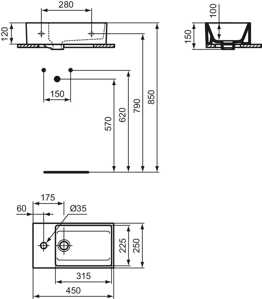 Waschbecken „Extra“ 45 × 25 × 15 cm, Hahnlochposition links in Seidenweiß Waschbecken „Extra“ 45 × 25 × 15 cm, Hahnlochposition links in Seidenweiß