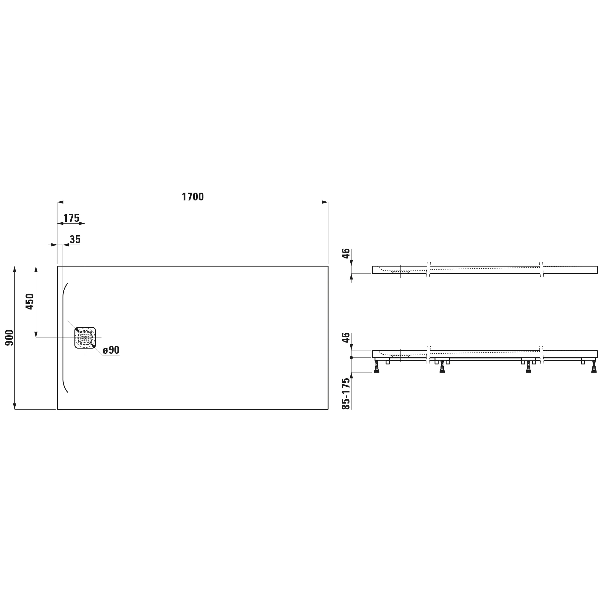 Duschwanne PRO 900x1700x46 aus Marbond Ablauf kurze Seite weiß