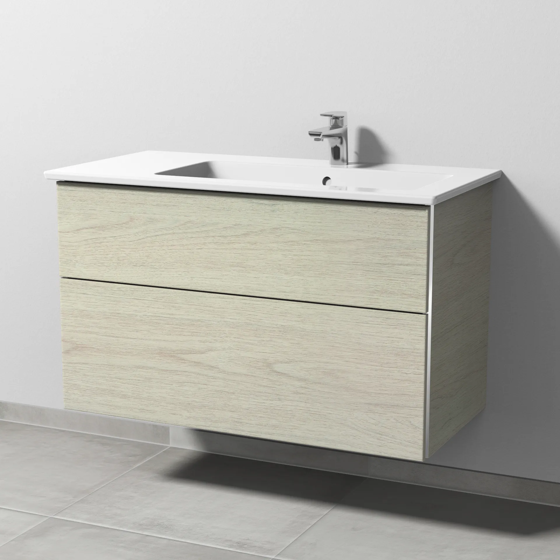 Sanipa Waschtischunterschrank „3way“ 955 × 591 × 477 mm in White Oak, Becken rechts