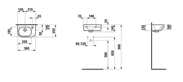 Waschtisch LUA 360x250x145 asymmetrisch Becken links 1 Hahnloch rechts mit Überlauf weiß