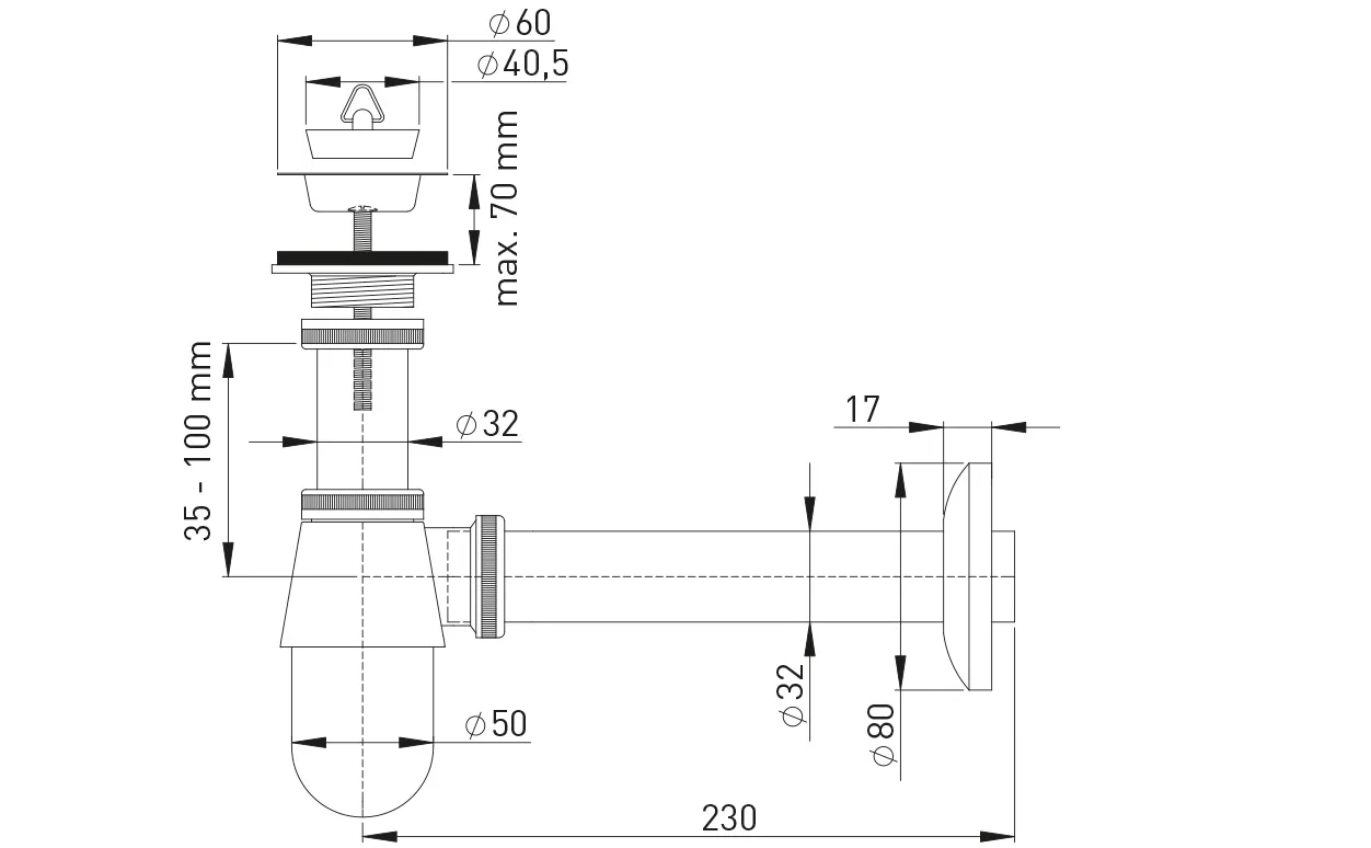 Flaschengeruchverschluss 1 1/4″ x 60 MS vc mit Universalventil, mit Stopfen