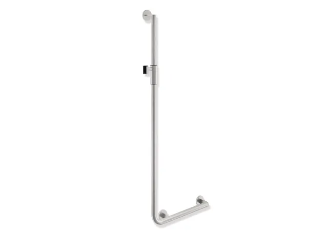 Winkelgriff mit Brausehalter, Edelstahl, schliff, waagerechte Länge 450 mm, senkrechte Länge 1250 mm, D: 32 mm, Ausführung rechts, mit magnetischem Brausehalter Winkelgriff mit Brausehalter, Edelstahl, schliff, waagerechte Länge 450 mm, senkrechte Länge 1250 mm, D: 32 mm, Ausführung rechts, mit magnetischem Brausehalter