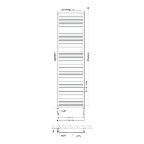 HSK Design-Heizkörper „Line Aero“ 60 × 120 cm in Silber