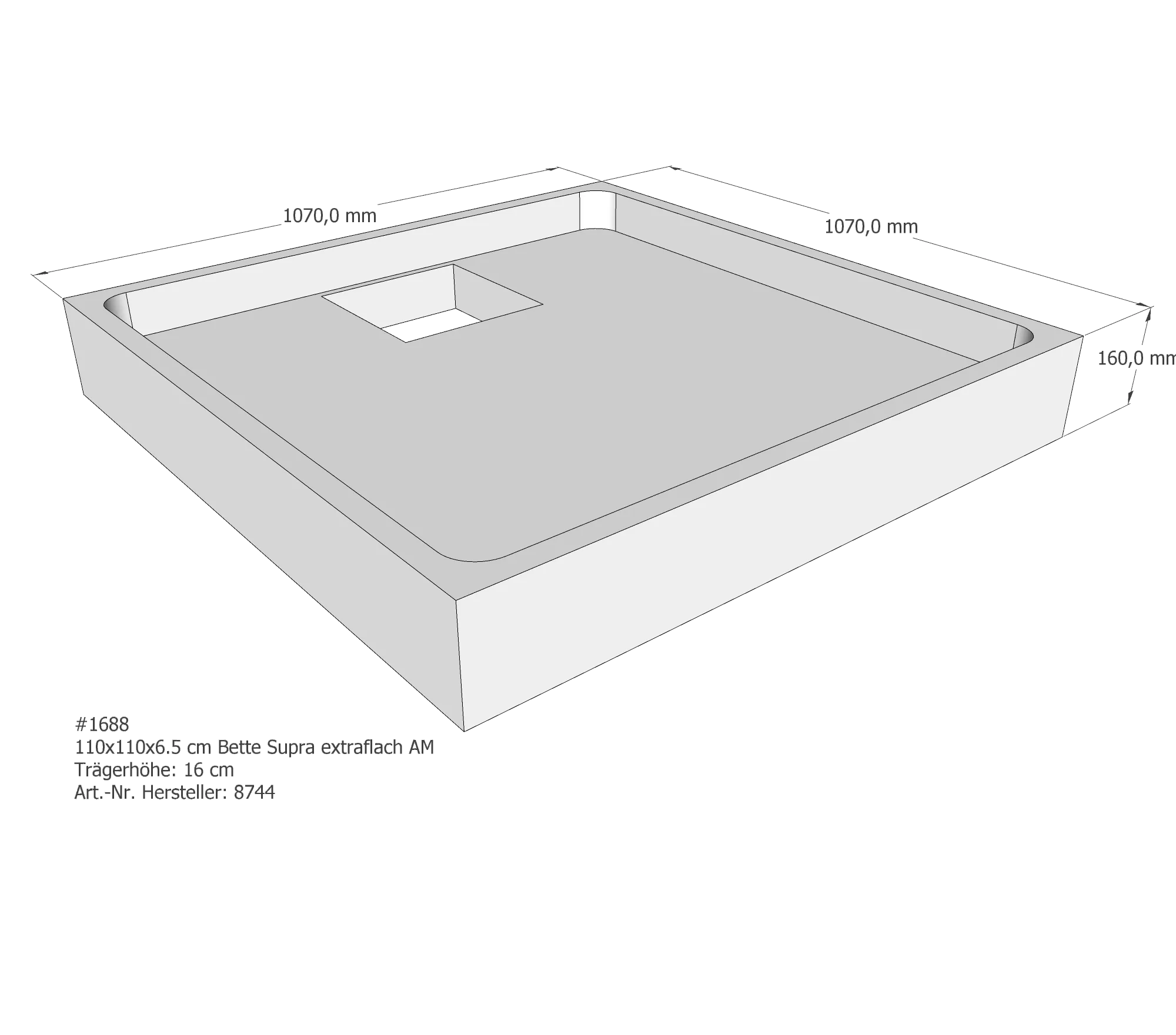 Duschwannenträger für Bette Supra (extraflach) 110 × 110 × 6,5 cm Breite: 110 cm / Länge: 110 cm