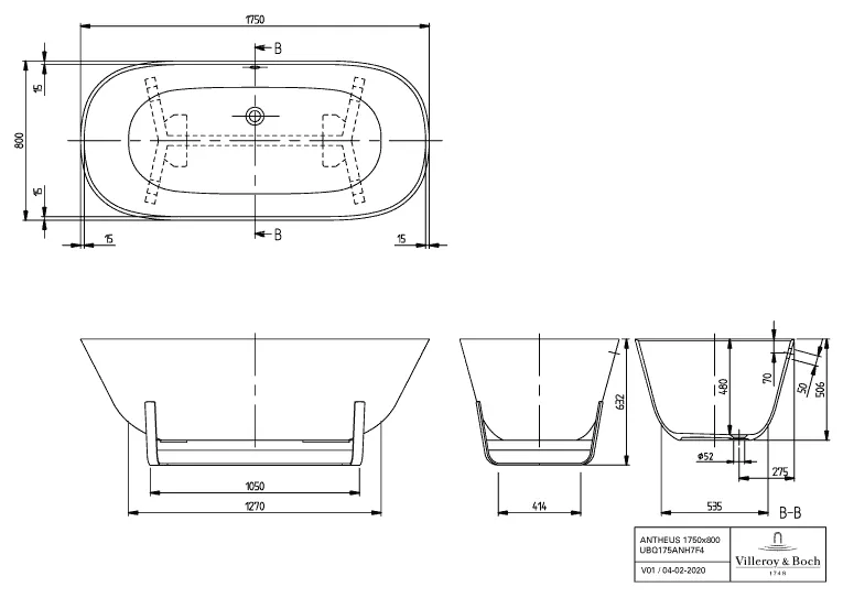 Villeroy & Boch Badewanne „Antheus“ freistehend oval 175 × 80 cm, Mittelablauf
