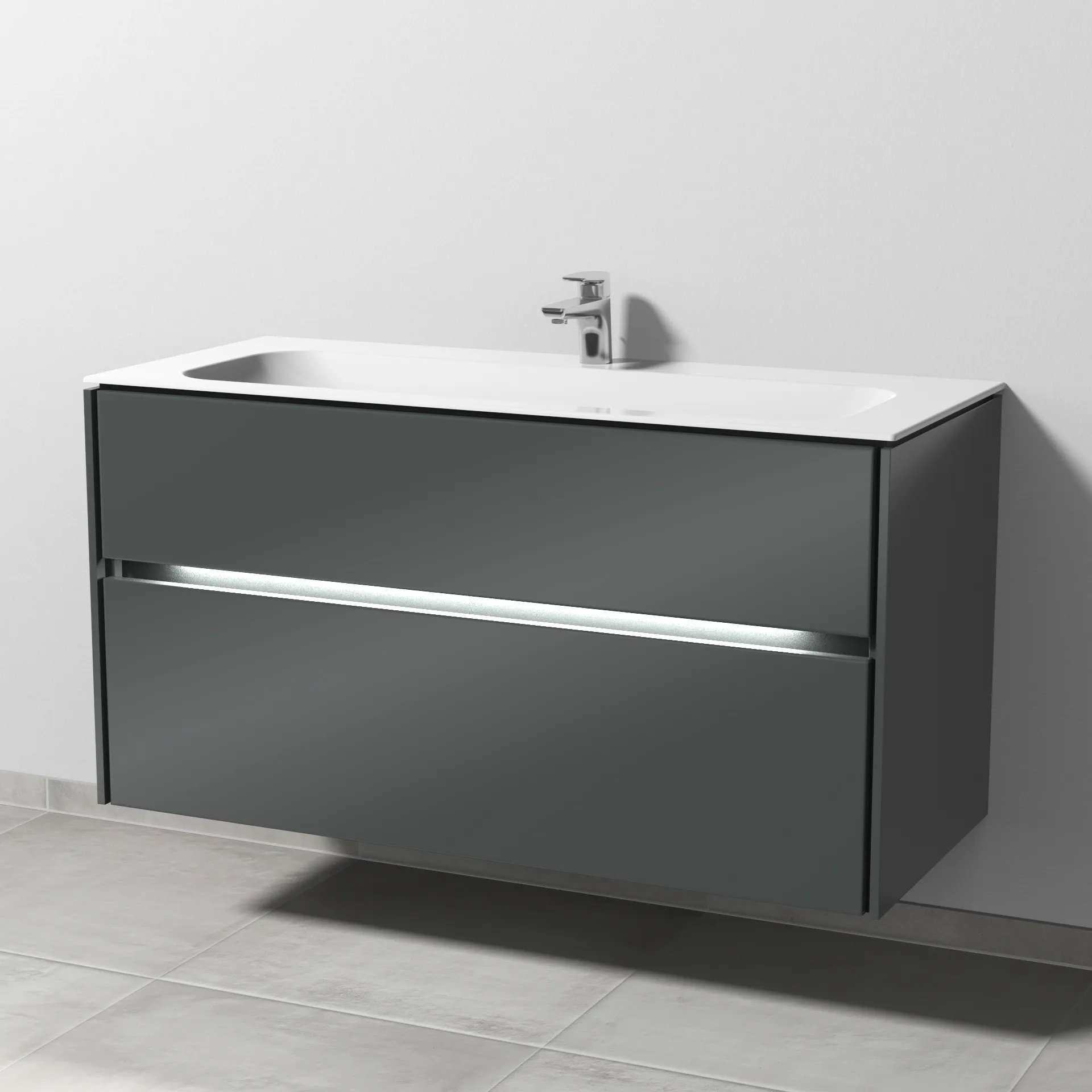 Keramik-Waschtisch-Set mit Waschtischunterschrank „Twiga“ 119 × 50 × 61 cm in Anthrazit (glanz), mit Hahnlochbohrung, mit Beleuchtung Keramik-Waschtisch-Set mit Waschtischunterschrank „Twiga“ 119 × 50 × 61 cm in Anthrazit (glanz), mit Hahnlochbohrung, mit Beleuchtung