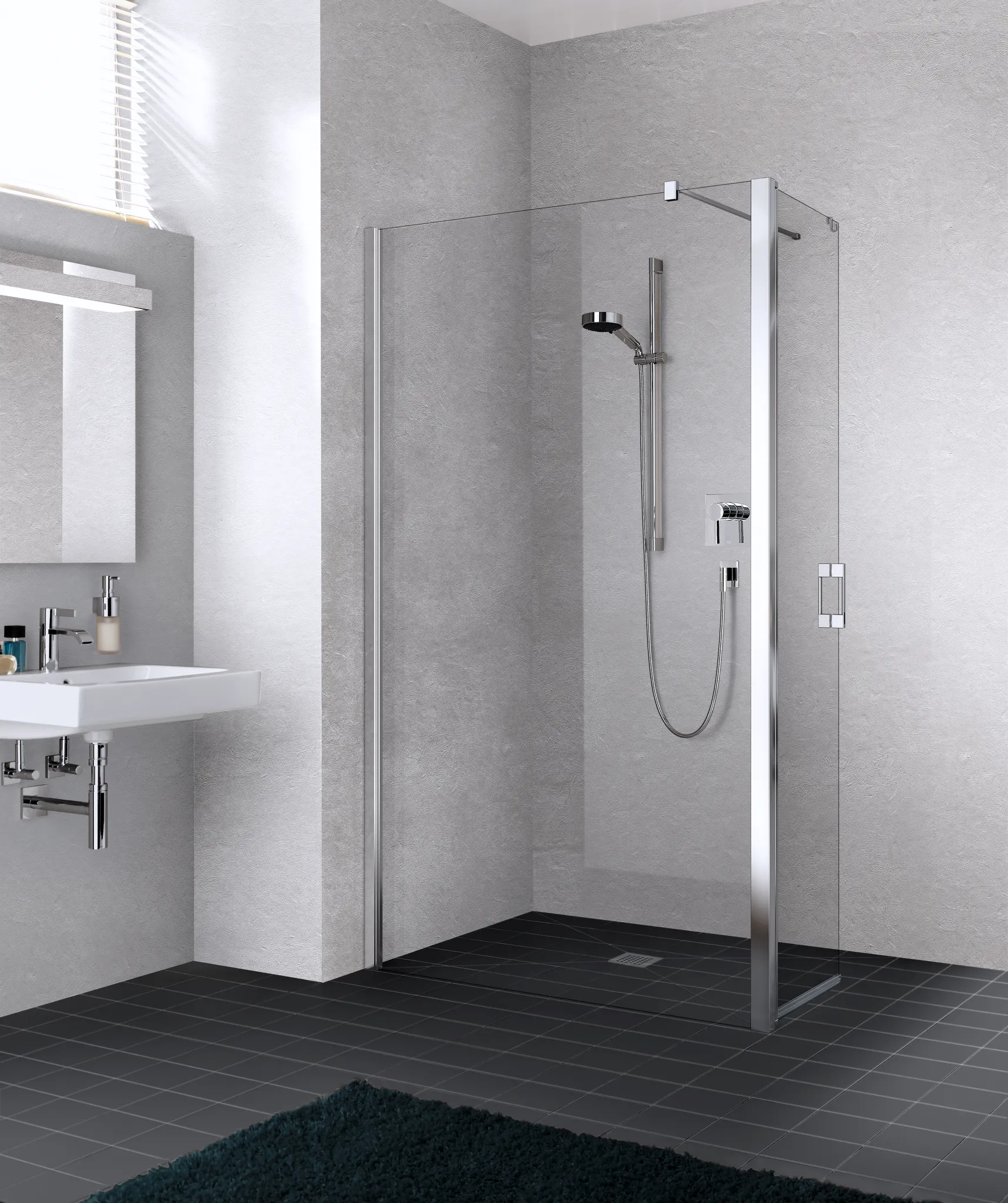 Kermi Duschdesign Walk-In-Duschkabine WALK-IN Wall mit beweglichem Flügel links „LIGA“ Profile Silber Mattglanz, BV: 775 - 800 mm GAK: 760 - 785 mm WE: 785 - 810 mm H: 1850 mm