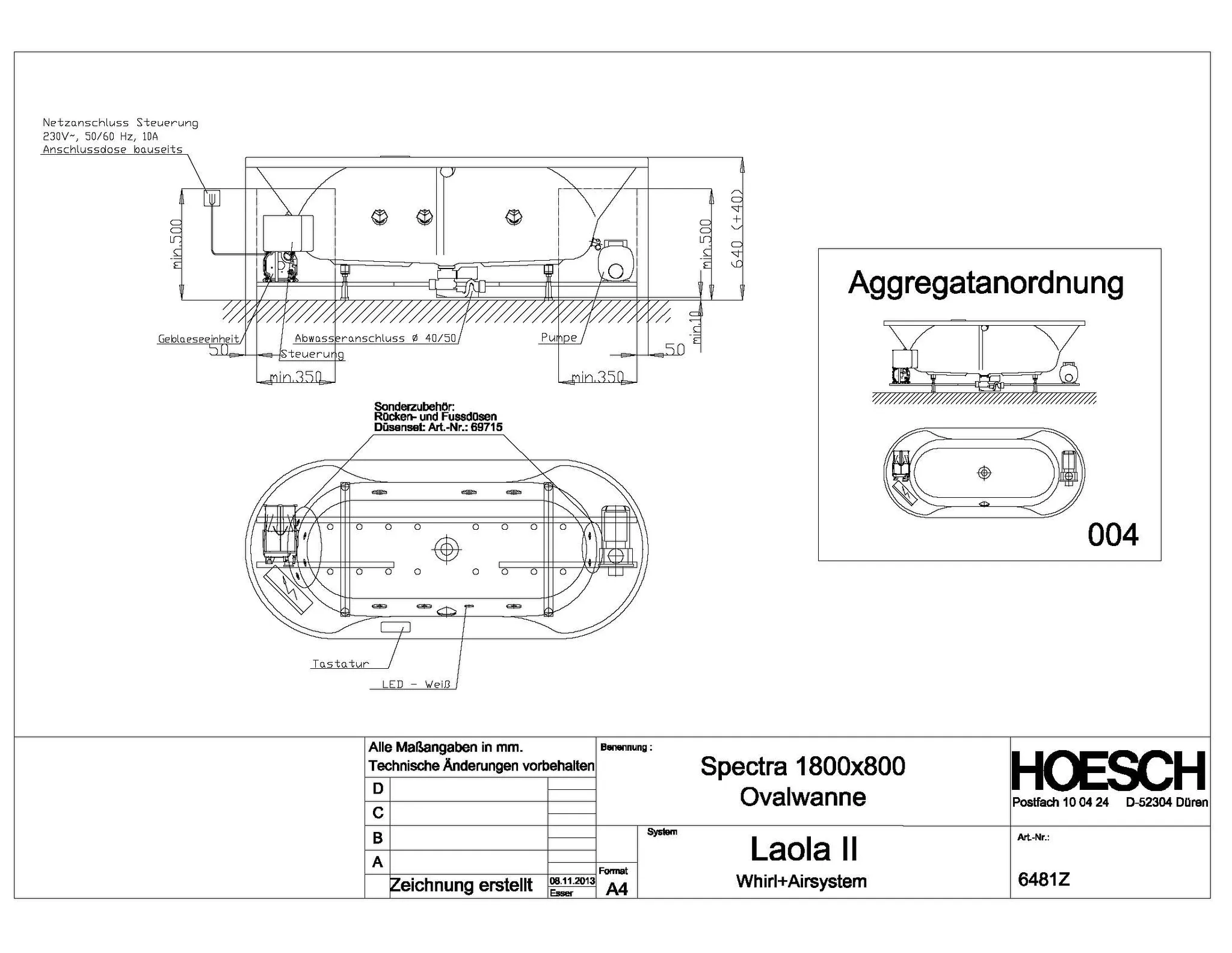 Hoesch Whirlwanne „Spectra“ mit Whirlsystem „Laola II“ oval 180 × 80 cm, oval