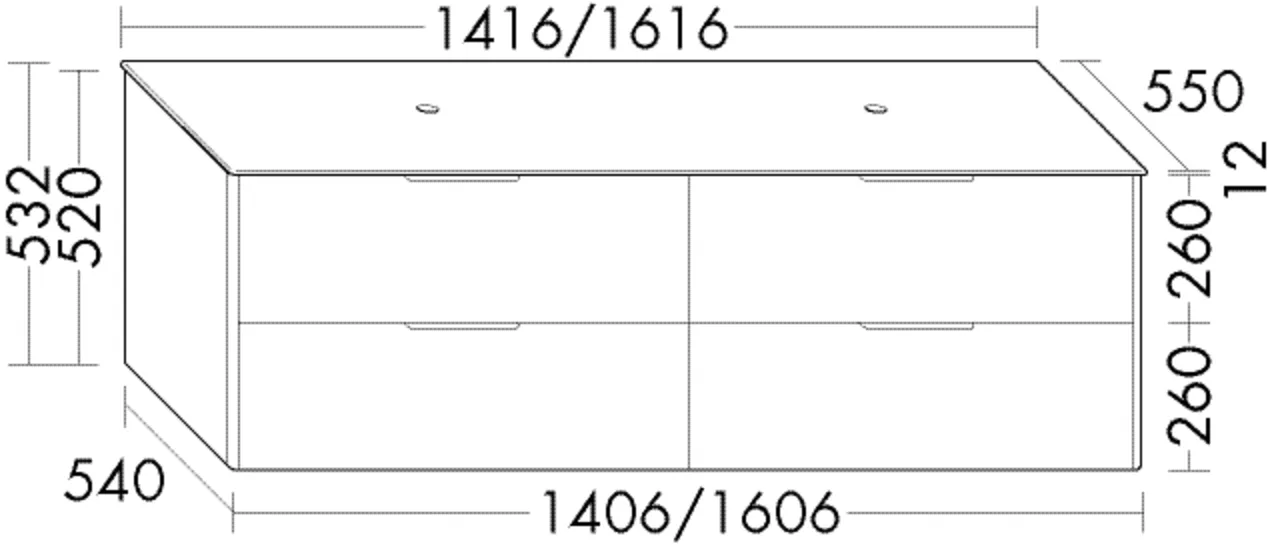 Burgbad Oteo Konsolenplatte inkl. Waschtischunterschrank, 1416 mm breit, 532 mm hoch, 550 mm tief, 2 Beckenausschnitte, 2 Schubladen oben, 2 Auszüge unten