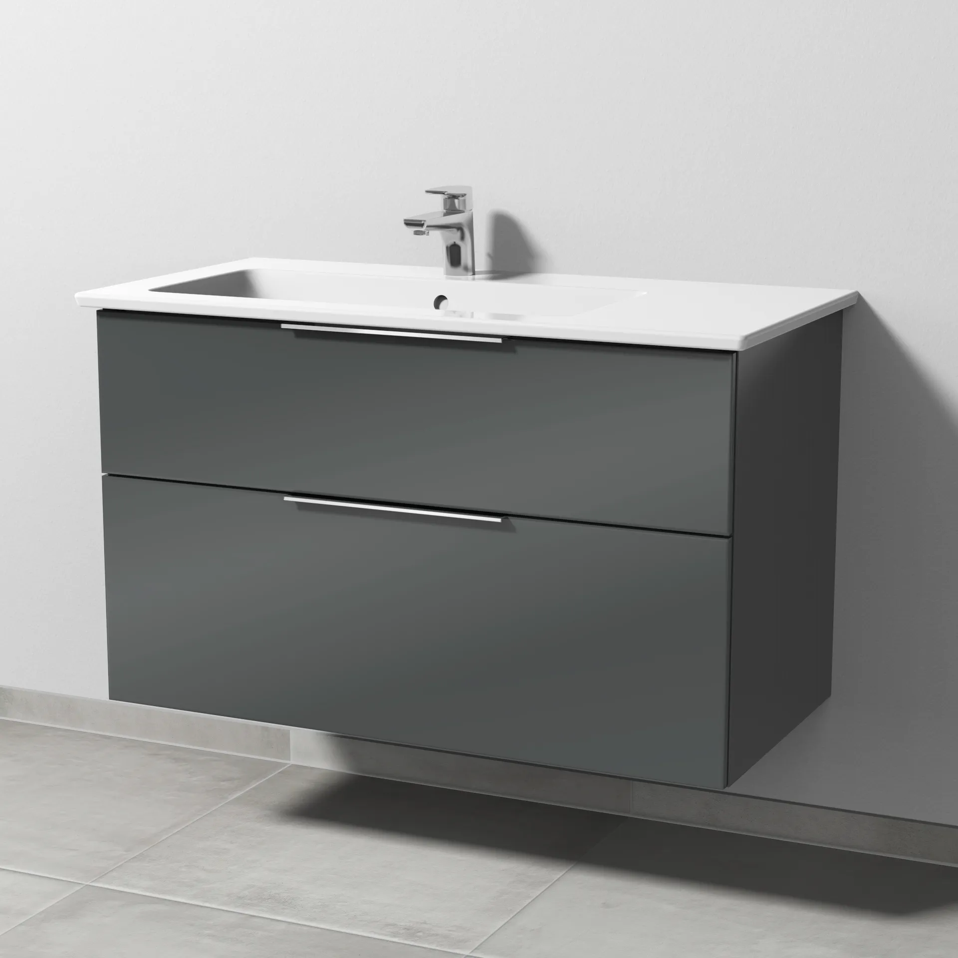 Keramik-Waschtisch-Set mit Waschtischunterschrank „3way“ 95,5 × 47,7 × 59,1 cm in Anthrazit (glanz), mit Hahnlochbohrung, Becken links