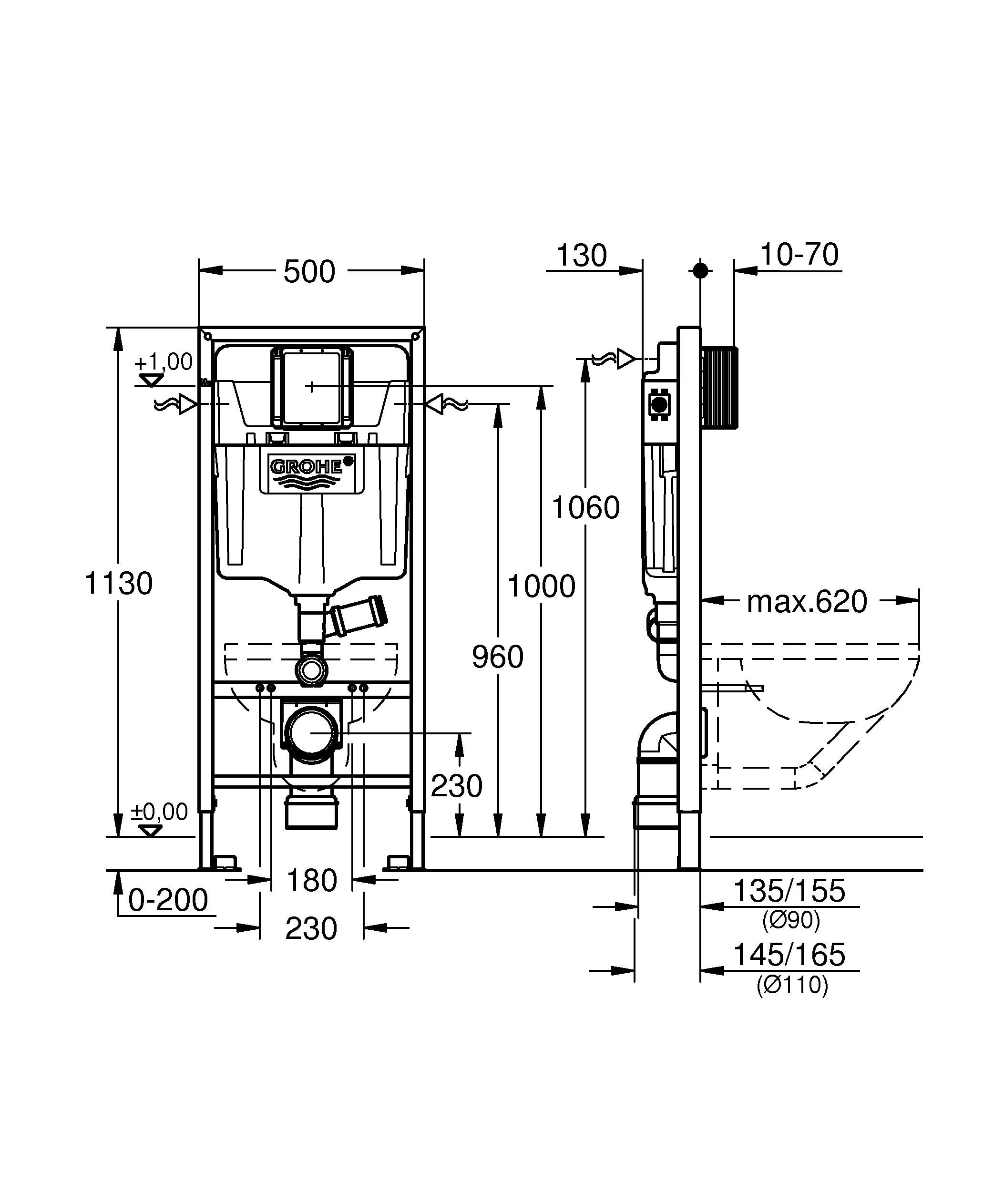 Wand-WC-Element Rapid SL 39002, Spülkasten GD 2, 1,13 m Bauhöhe, für Vorwand- oder Ständerwandmontage, mit Spülrohr für externe Geruchsabsaugung