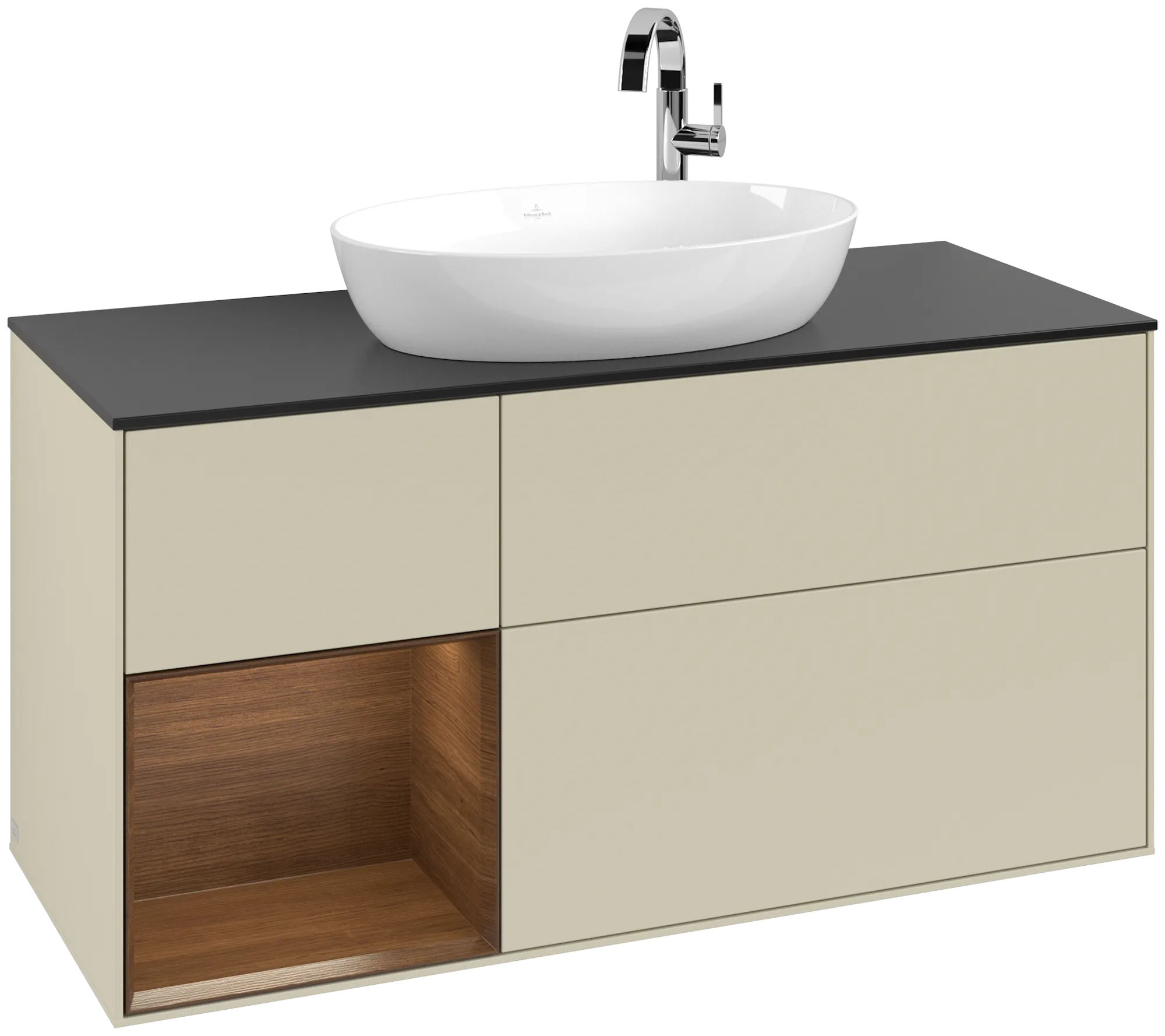Villeroy & Boch Finion Waschbeckenunterschrank F94, 1200x603x501mm, Silk Grey Matt Lacquer / Walnut Veneer / Glass Black Matt