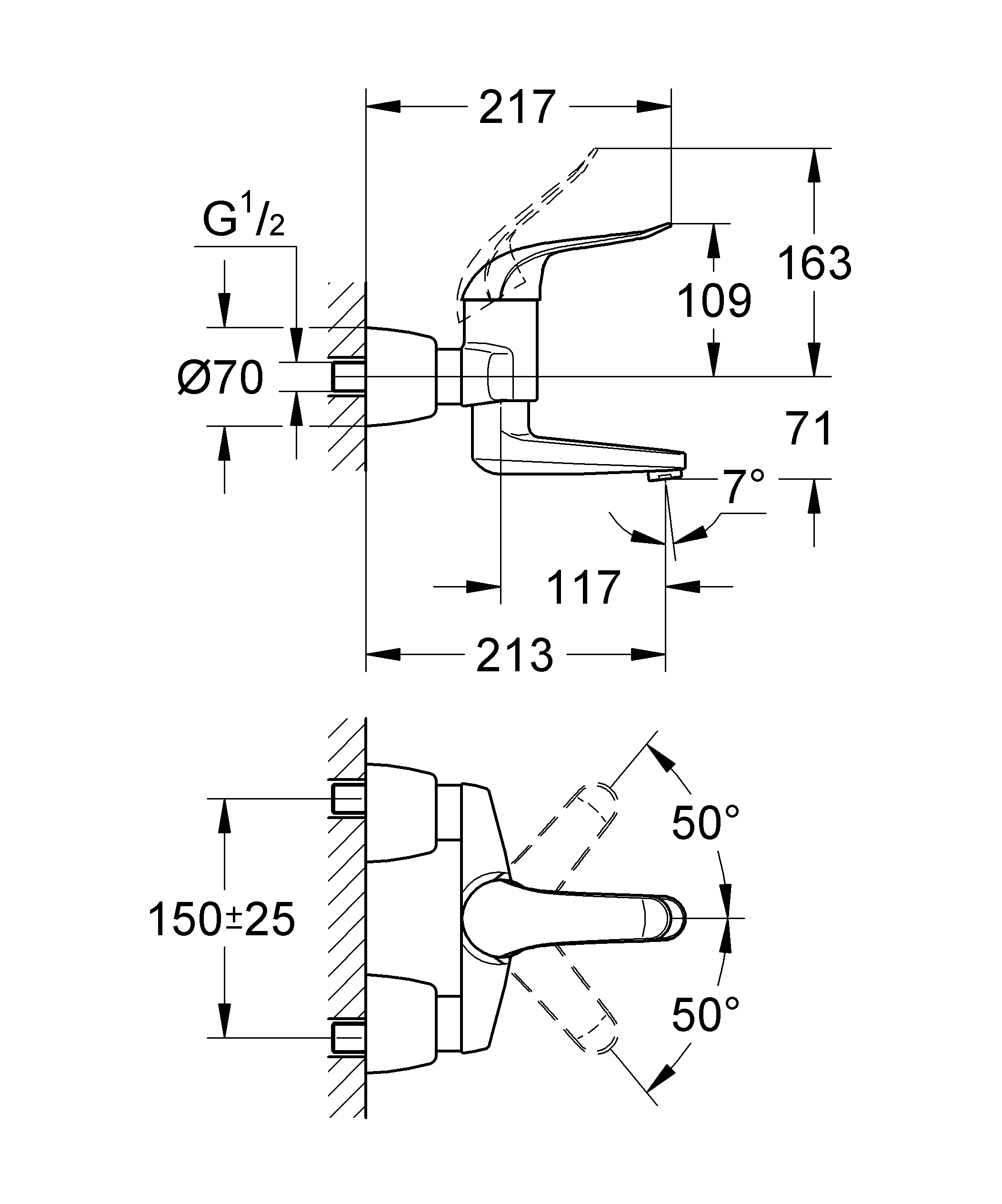 Einhand-Waschtischbatterie Euroeco Special 32771, Wandmontage, Ausladung 214 mm, chrom