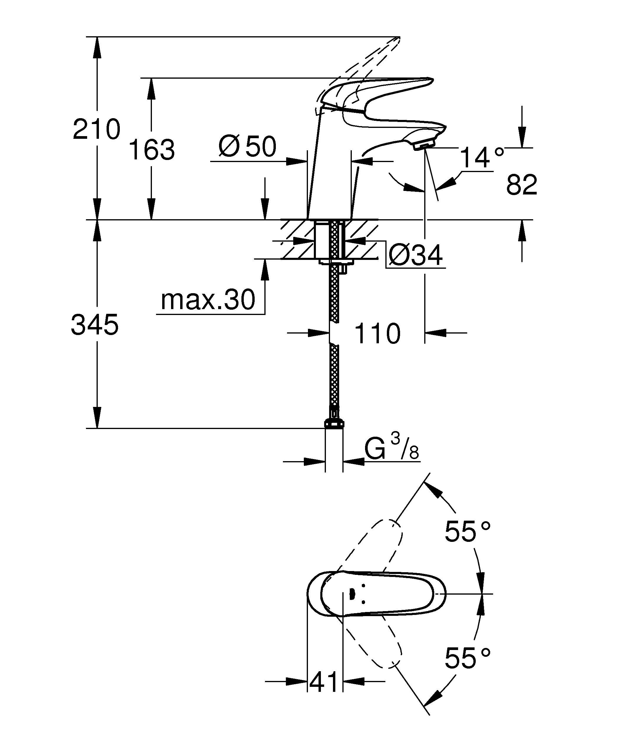 Einhand-Waschtischbatterie Eurostyle 23715_3, S-Size, Einlochmontage, geschlossener Metall-Hebelgriff, glatter Körper, chrom