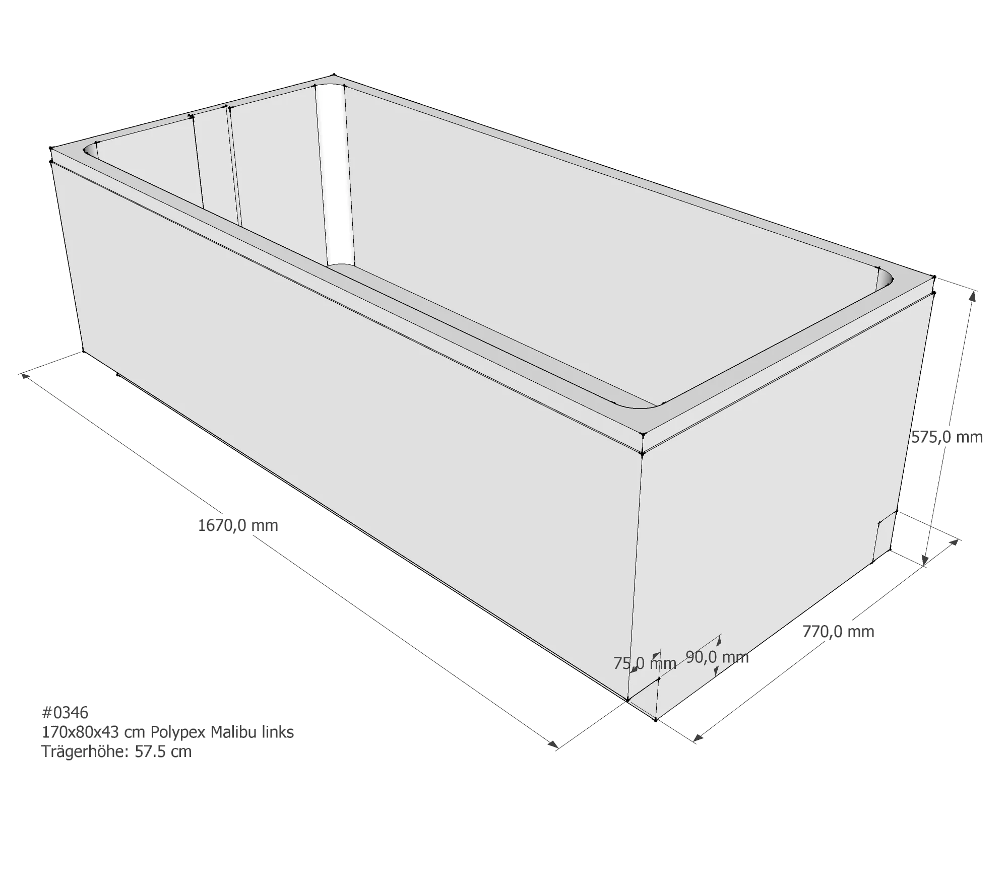 Badewannenträger passend für Polypex Malibu links links 170 × 80 × 43 cm