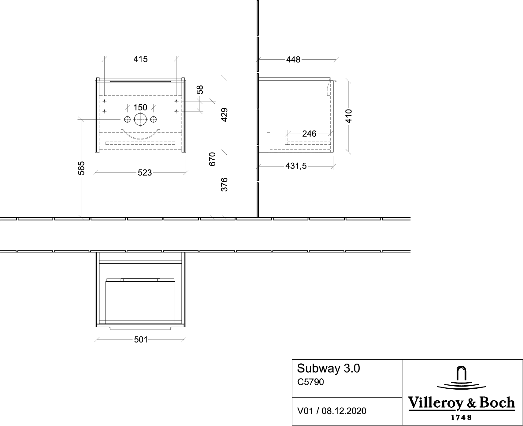 Villeroy & Boch Waschtischunterschrank „Subway 3.0“ für Schrankwaschtisch 523 × 429 × 448 mm Kansas Oak, für Becken mittig