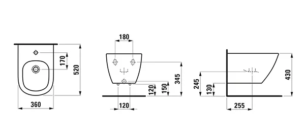 Wandbidet LUA 520x360 1 Hahnloch mit Überlauf ohne seitliches Loch für Wasseranschluss weiß Wandbidet LUA 520x360 1 Hahnloch mit Überlauf ohne seitliches Loch für Wasseranschluss weiß