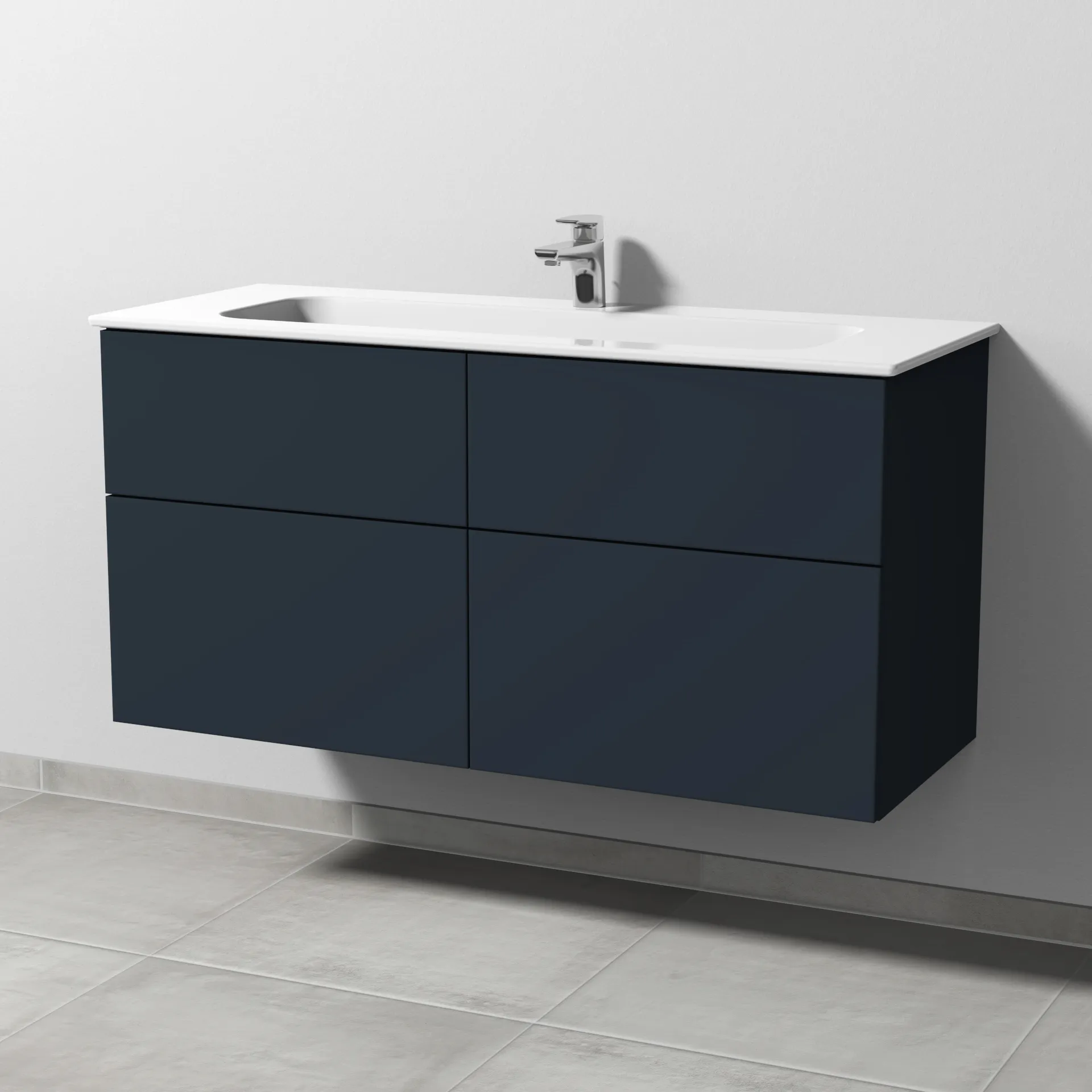 Keramik-Waschtisch-Set mit Waschtischunterschrank „3way“ 117 × 46 × 58,2 cm in Marine (matt), mit Hahnlochbohrung, Becken mittig Keramik-Waschtisch-Set mit Waschtischunterschrank „3way“ 117 × 46 × 58,2 cm in Marine (matt), mit Hahnlochbohrung, Becken mittig