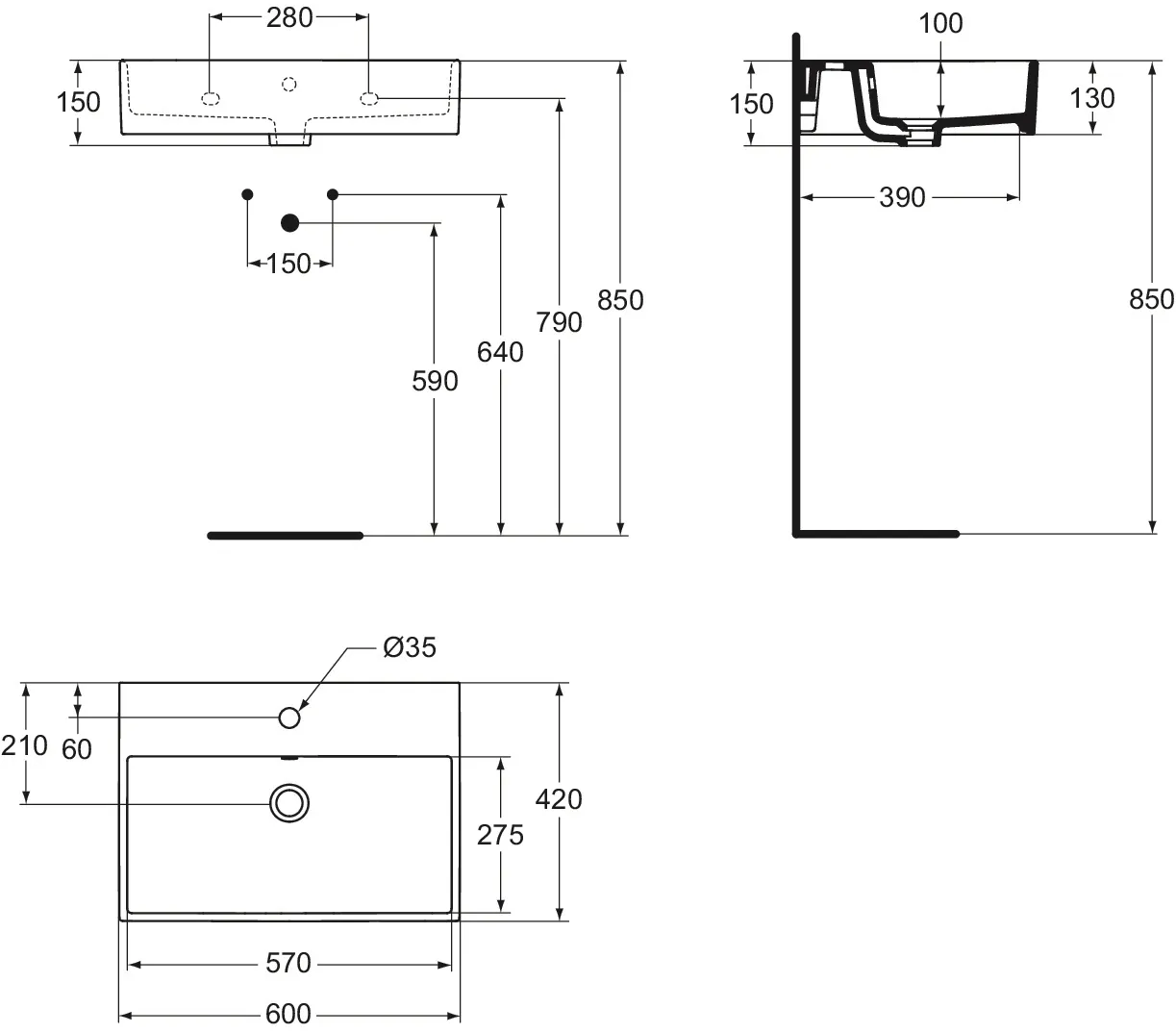 Waschbecken „Strada“ 60 × 42 × 14,5 cm, Hahnlochposition mittig Waschbecken „Strada“ 60 × 42 × 14,5 cm, Hahnlochposition mittig