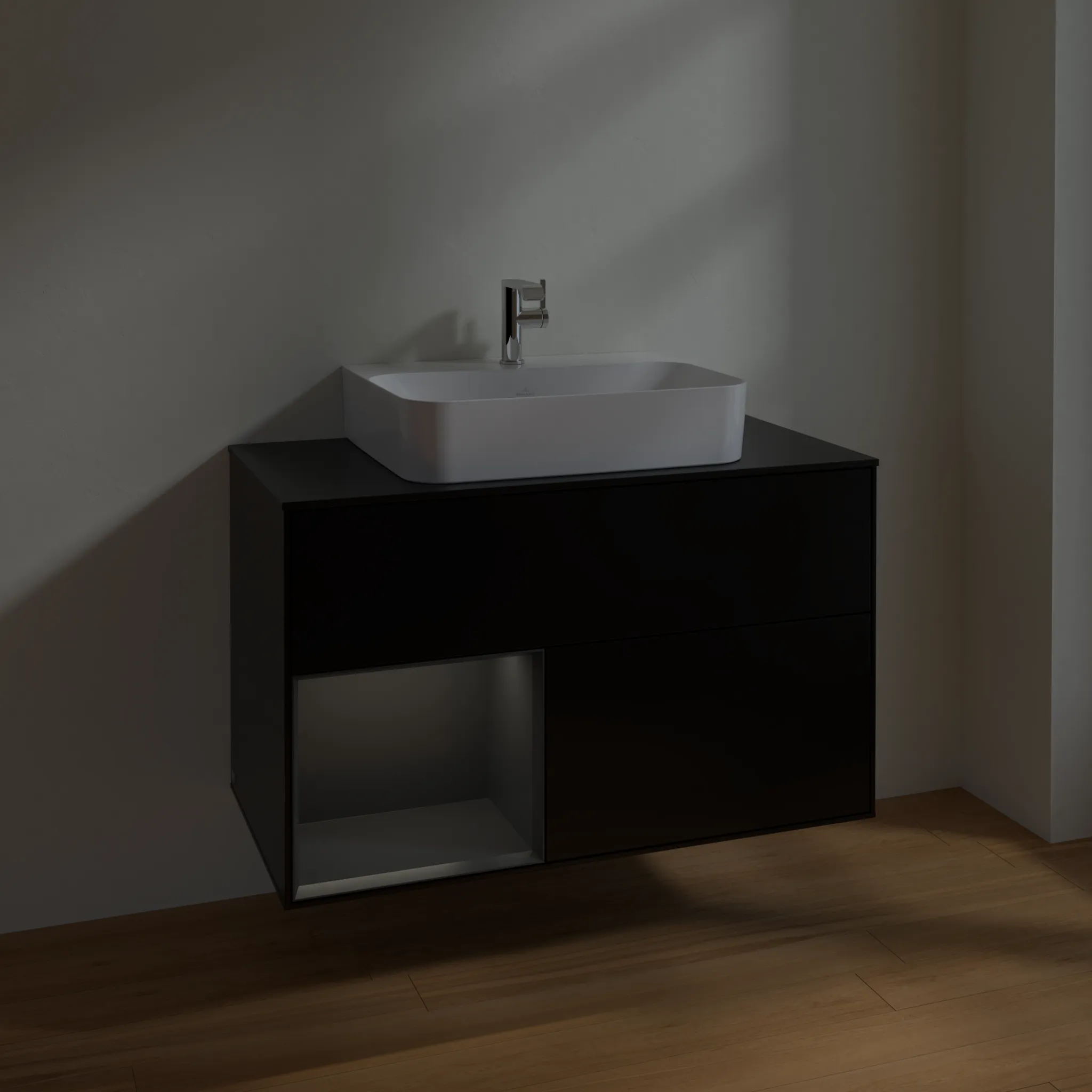 Villeroy & Boch Waschbeckenunterschrank Finion F11, 1000 x 603 x 501 mm, Black Matt Lacquer, mit Beleuchtung und Push-to-open Funktion