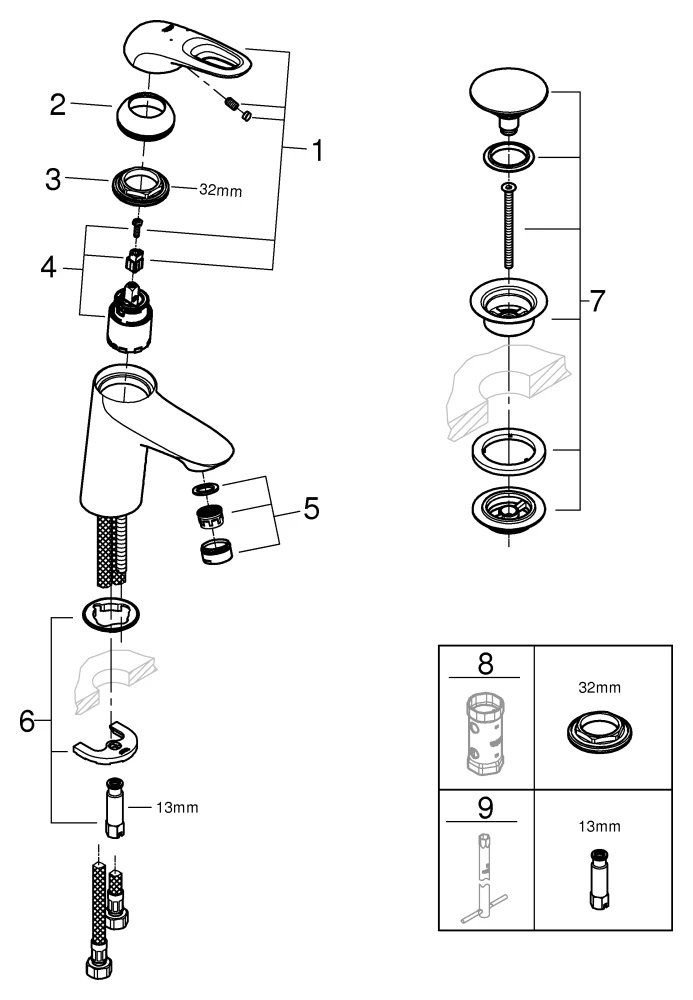 Einhand-Waschtischbatterie Eurostyle 23929_3, S-Size, Einlochmontage, glatter Körper, Push-open Ablaufgarnitur 1 1/4″, offener Metall-Hebelgriff, chrom