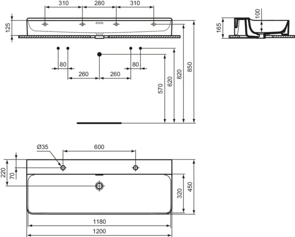 Waschbecken „Conca“ 120 × 45 × 16,5 cm, Hahnlochposition links und rechts in Weiß Waschbecken „Conca“ 120 × 45 × 16,5 cm, Hahnlochposition links und rechts in Weiß
