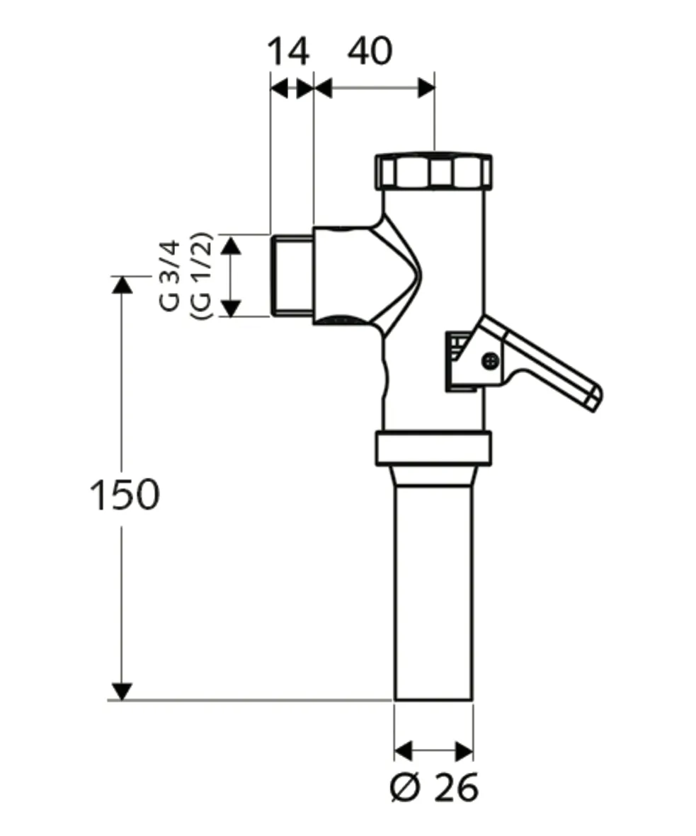 Aufputz-WC-Druckspüler OMAT, DN 20, Aufputz-WC-Druckspüler, Betätigungshebel aus Messing, Spülstrom: 1,0 - 1,3 l/s, DN 20 G 3/4 AG, Anschluss Spülrohr: Ø 26 mm, chrom