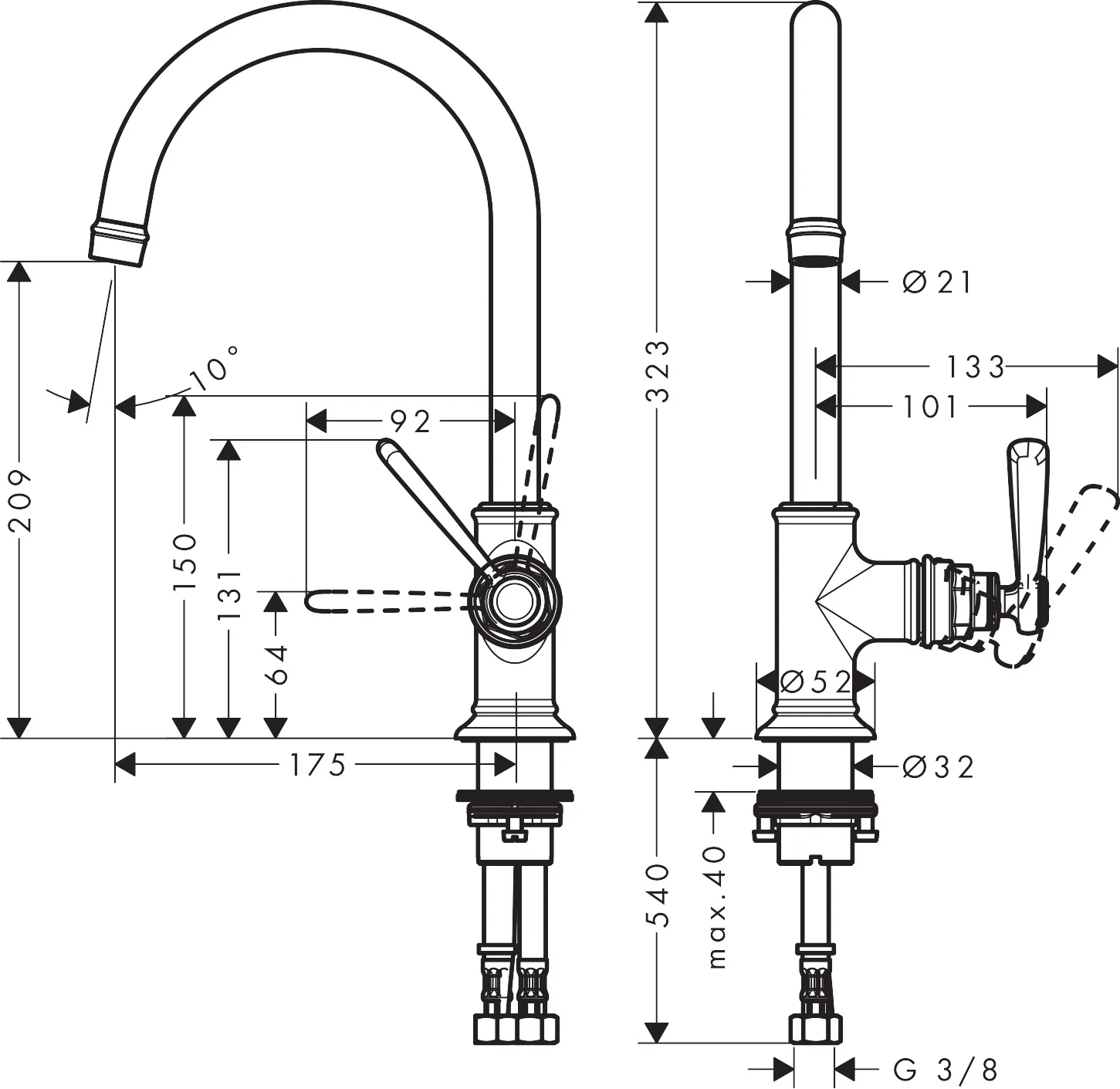 Hansgrohe AXOR Montreux Einhebel-Waschtischmischer 210, Chrom, Ausladung 175 mm, Auslaufhöhe 209 mm, Hebelgriff, Laminarstrahl, max. Durchfluss 5 l/min