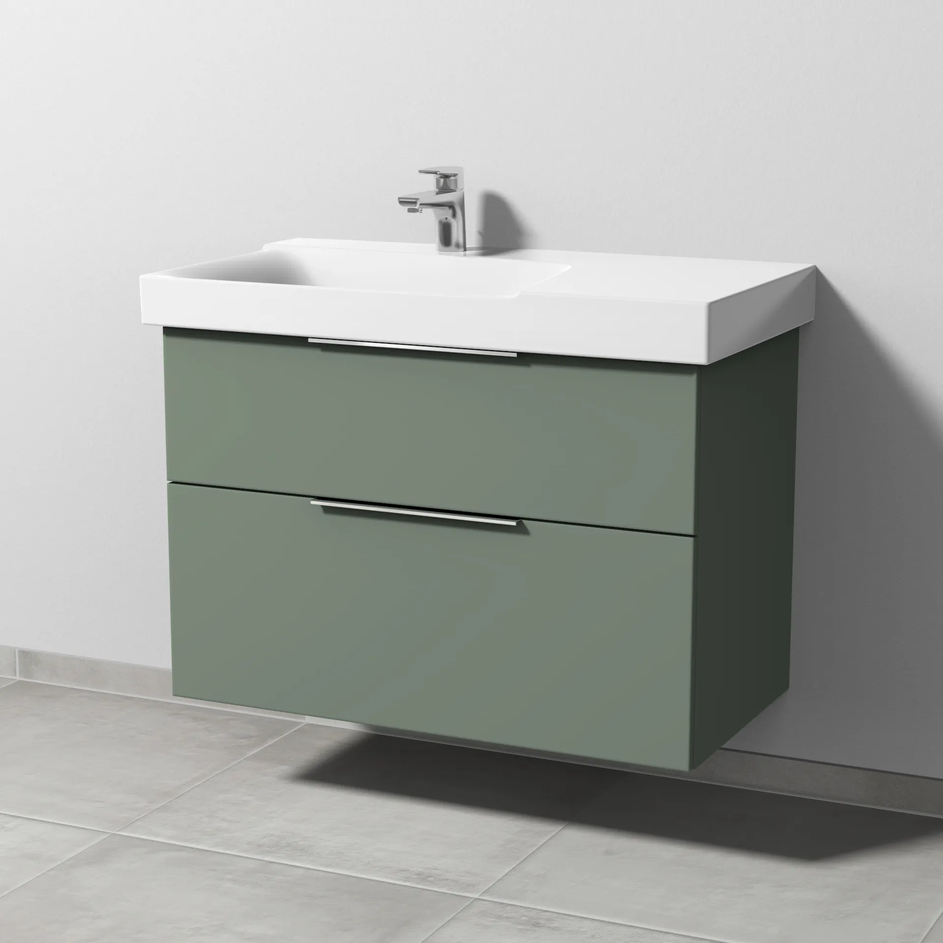 Sanipa Waschtischunterschrank „3way“ 850 × 593 × 452 mm in Soft-Green, Becken links Sanipa Waschtischunterschrank „3way“ 850 × 593 × 452 mm in Soft-Green, Becken links