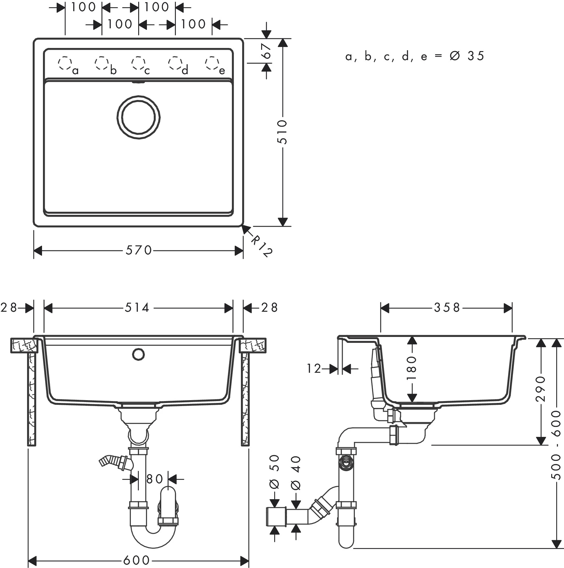 S52 S520-F510 Einbauspüle mit automatischer Ablaufgarnitur Graphitschwarz