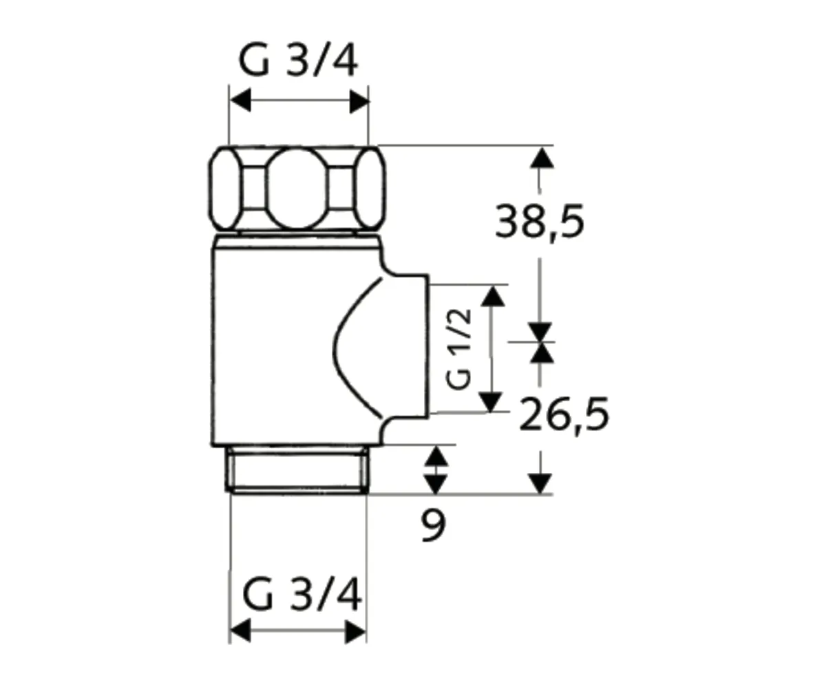 T-Stück mit Überwurfmutter, Überwurfmutter DN 20 G 3/4 IG, DN 20 G 3/4 AG (unten), DN 20 G 1/2 IG (rechts), chrom