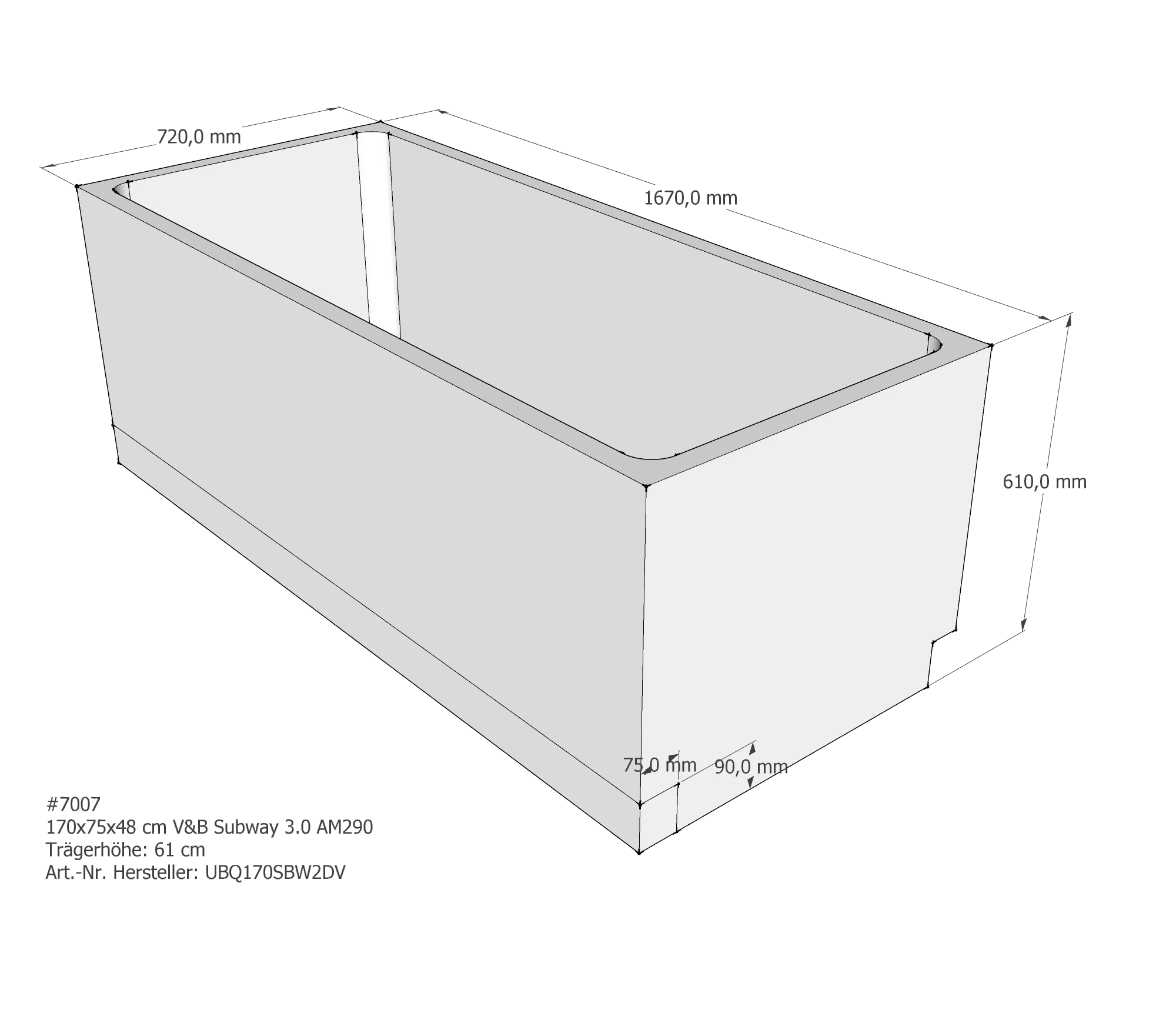 Badewannenträger passend für Villeroy & Boch Subway 3.0 170 × 75 × 48 cm