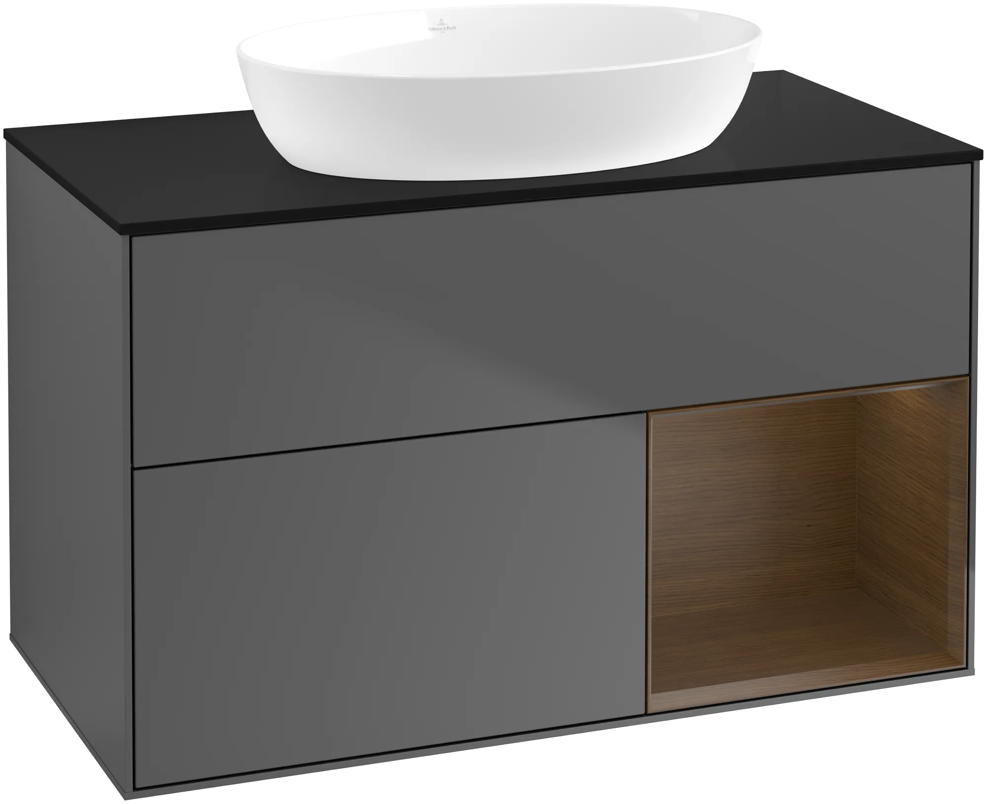 Villeroy & Boch Finion Waschbeckenunterschrank FA2, 1000 x 603 x 501 mm, Anthrazit matt / Eiche Spiegeloptik / Glas schwarz matt