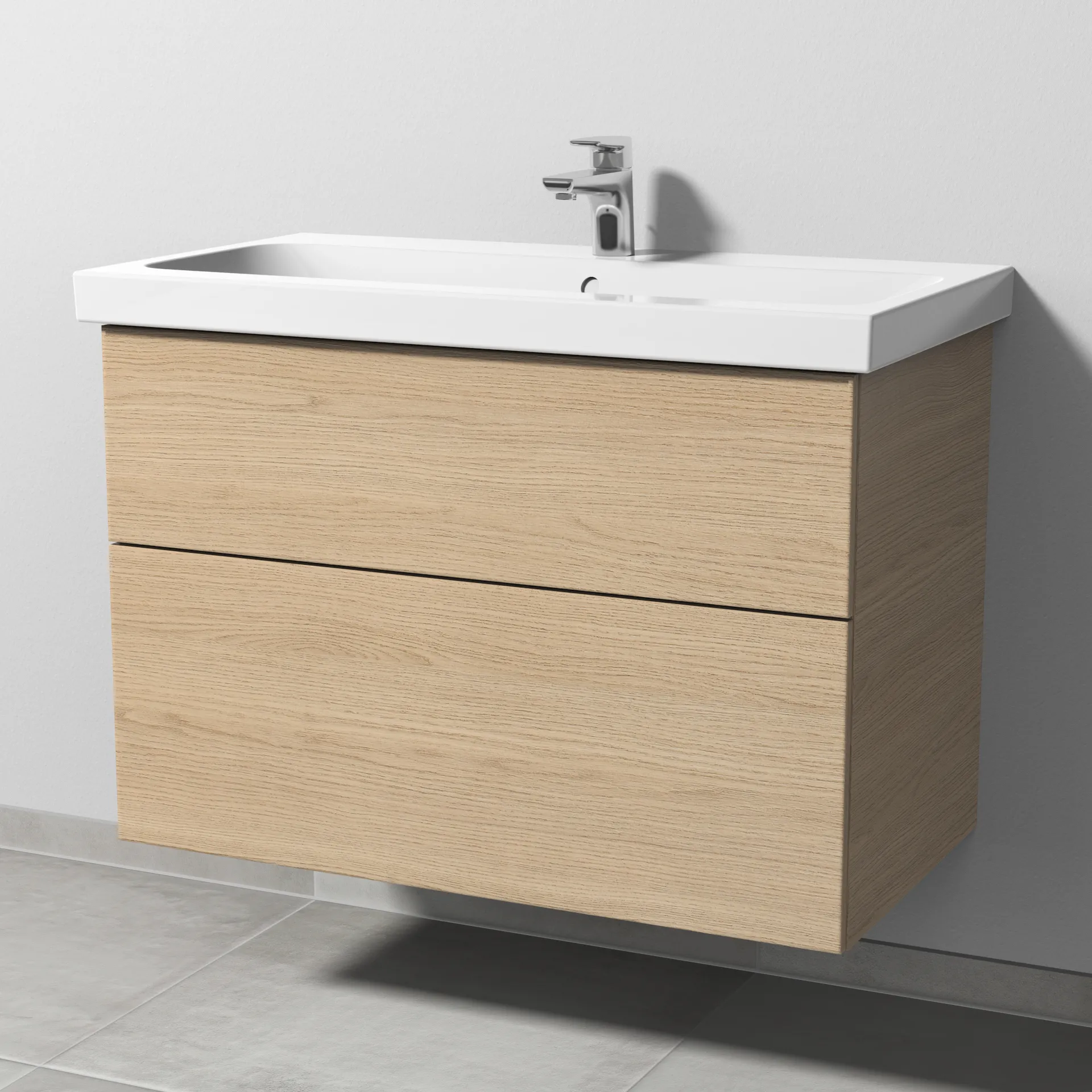 Sanipa Waschtischunterschrank „3way“ passend zu Keramik-Waschtische iCon Light von Geberit 850 × 591 × 462 mm in Eiche Nordic, Becken mittig, mit