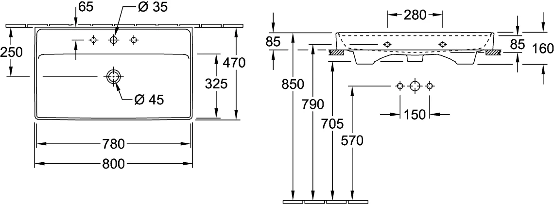 Villeroy & Boch Collaro Schrankwaschtisch 4A338G, 800x465mm, Rechteck, 1HL. mittleres Hahnloch durchgestochen, mit Überlauf, Unterseite geschliffen, Weiß Alpin