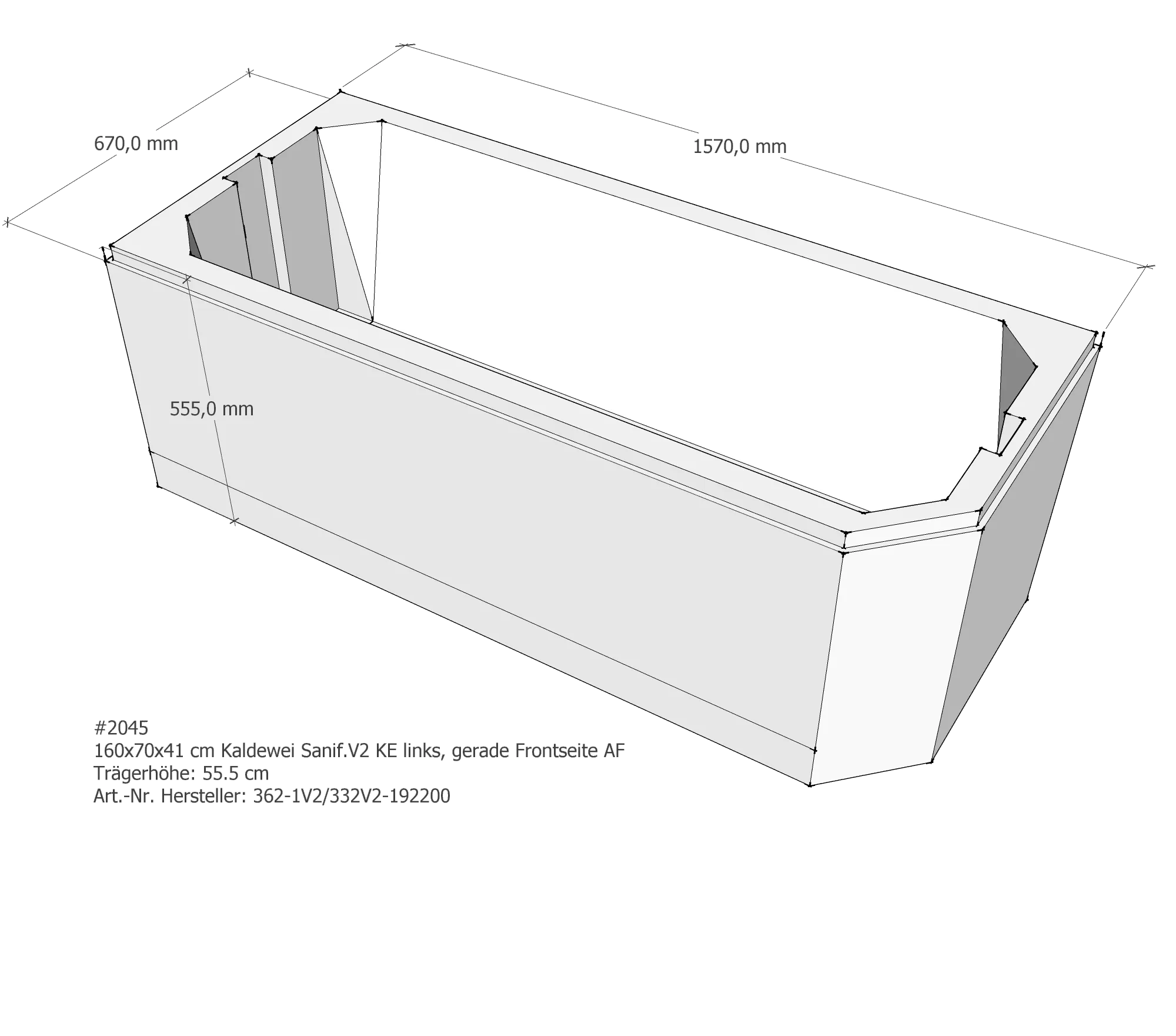 Badewannenträger für Kaldewei Saniform V2 KE links gerade Frontseite 160 × 70 × 41 cm