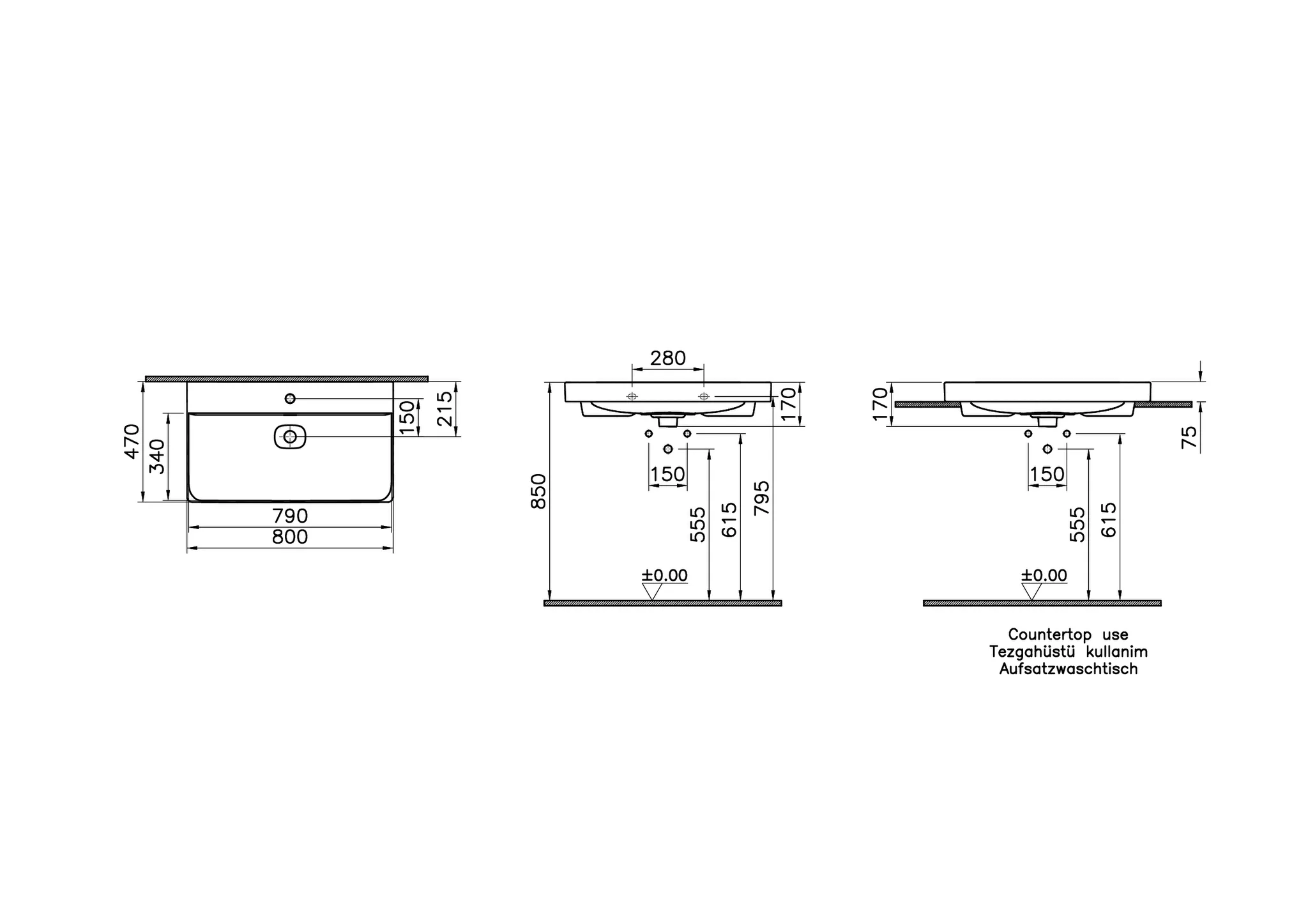 VitrA New Metropole Aufsatzwaschtisch wandgebunden rechteckig 80 x 47 cm mit Hahnloch und Überlaufschlitz Schwarz Matt