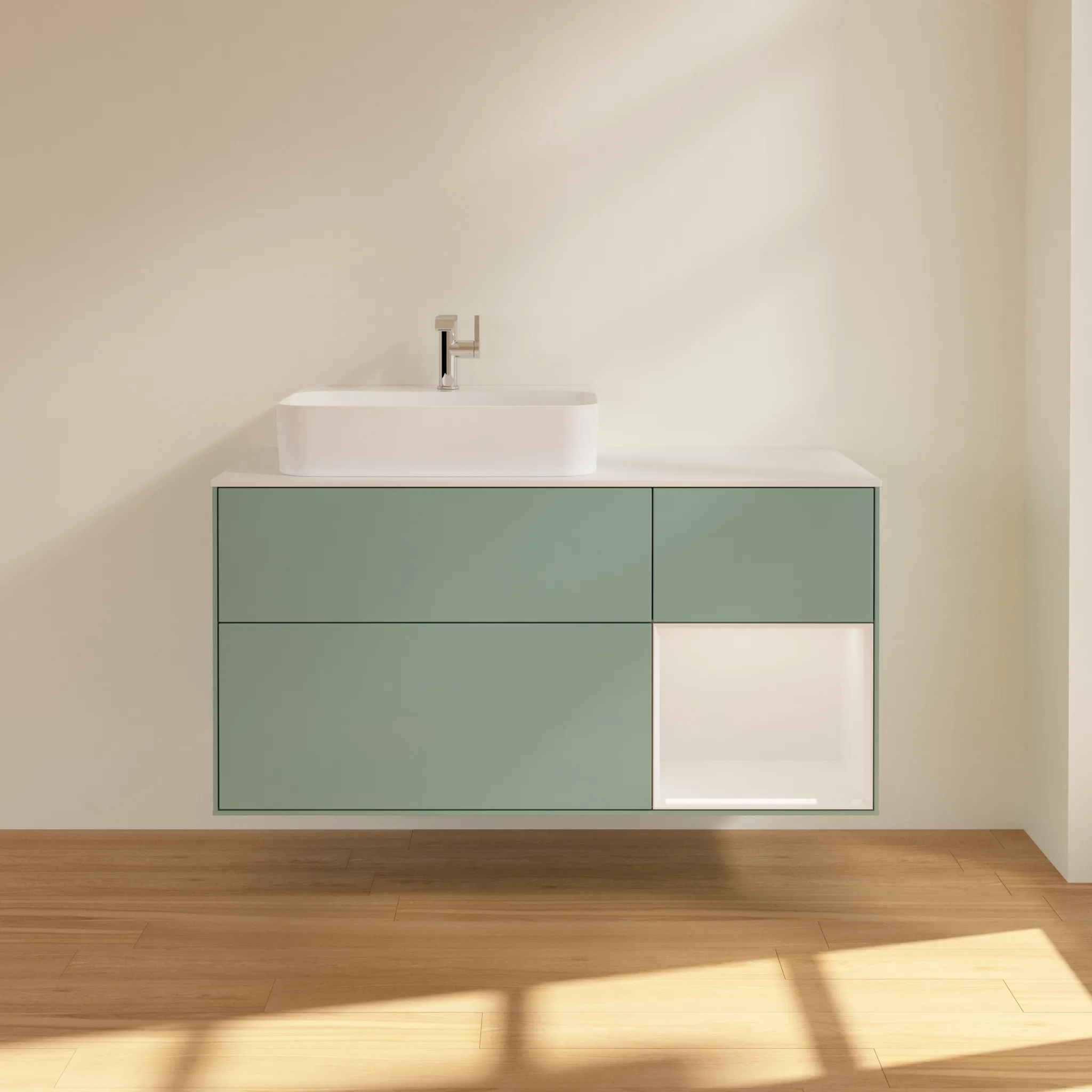 Villeroy & Boch Waschtischunterschrank „Finion“ für Schrankwaschtisch 1200 × 603 × 501 mm Olive Matt Lacquer, für Becken links Villeroy & Boch Waschtischunterschrank „Finion“ für Schrankwaschtisch 1200 × 603 × 501 mm Olive Matt Lacquer, für Becken links