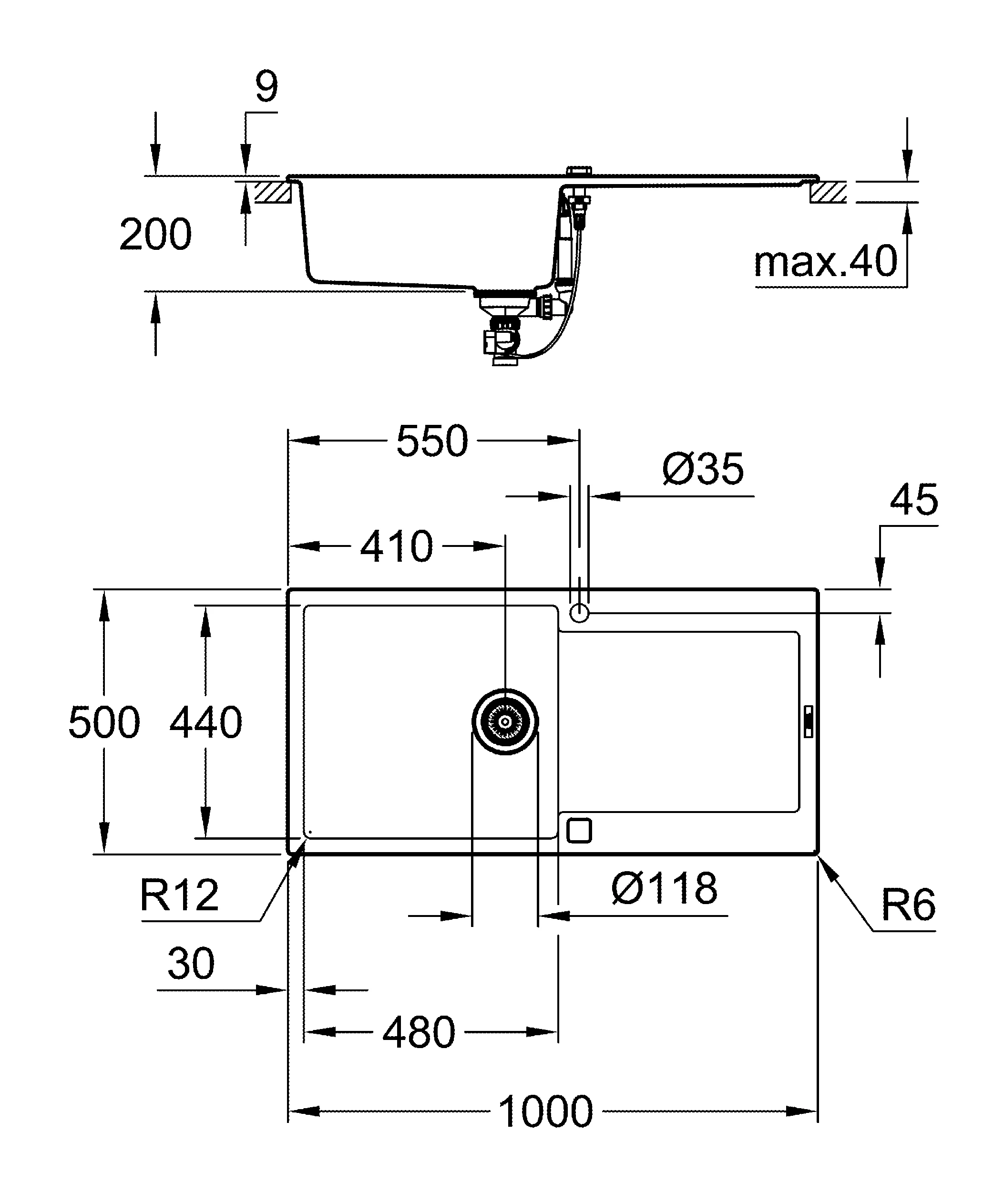 Kompositspüle K500 31645, mit Abtropffläche, Modell: K500 60-C 100/50 1.0 rev, Montageart: Standard-Einbauspüle, Maße: 1000 x 500 mm, 1 Becken: 480 x 440 x 200 mm, granit schwarz