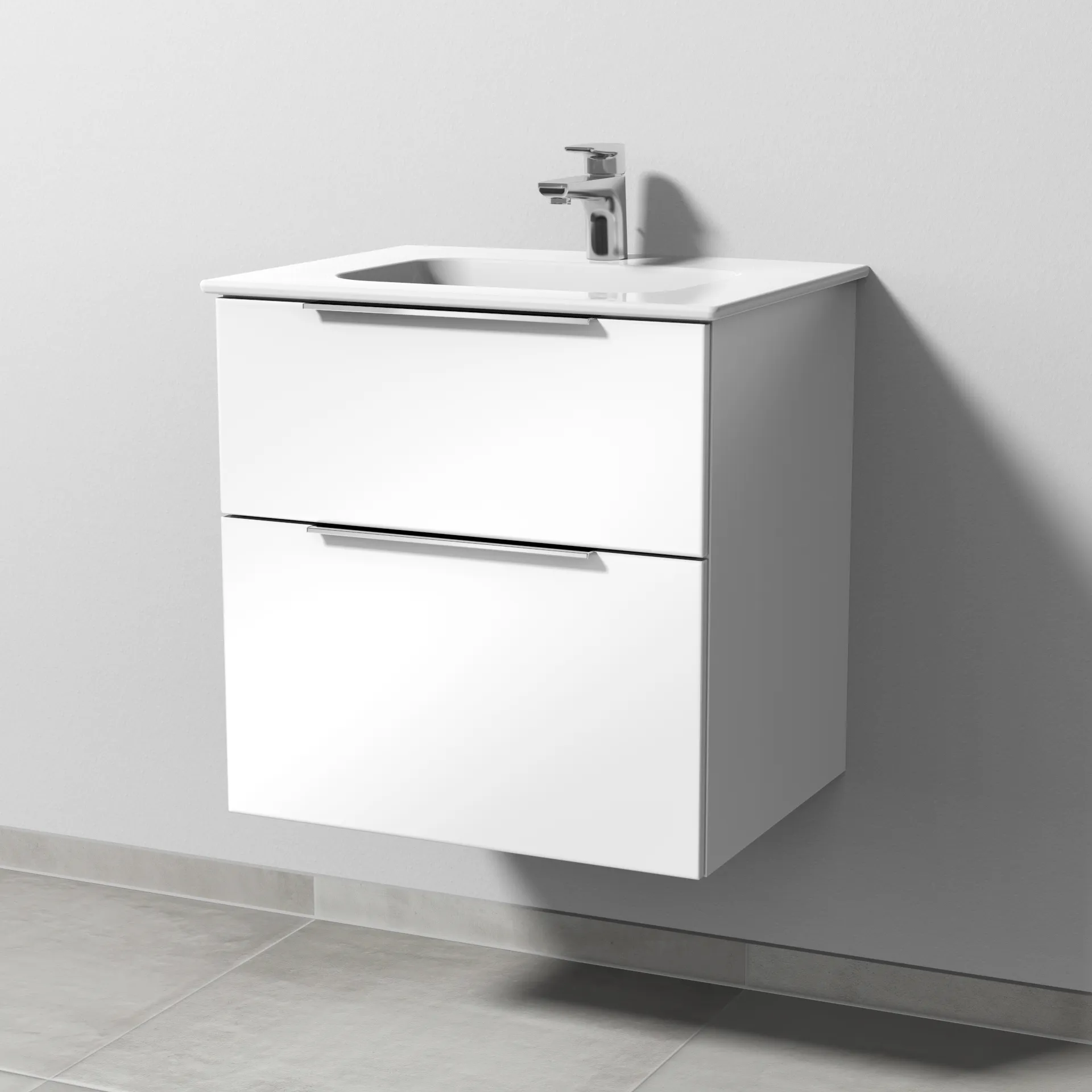 Keramik-Waschtisch-Set mit Waschtischunterschrank „3way“ 57 × 46 × 58,2 cm in Weiß (glanz), mit Hahnlochbohrung, Becken mittig