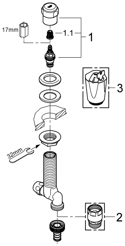 Original WAS Untertischventil 41050, DN 15, Spültischmontage, 50 mm verstellbar, Fettkammer-Oberteil 1/2'' für den absperrbaren Schlauchanschluss, Rückflussverhinderer Typ EB, eigensicher, chrom