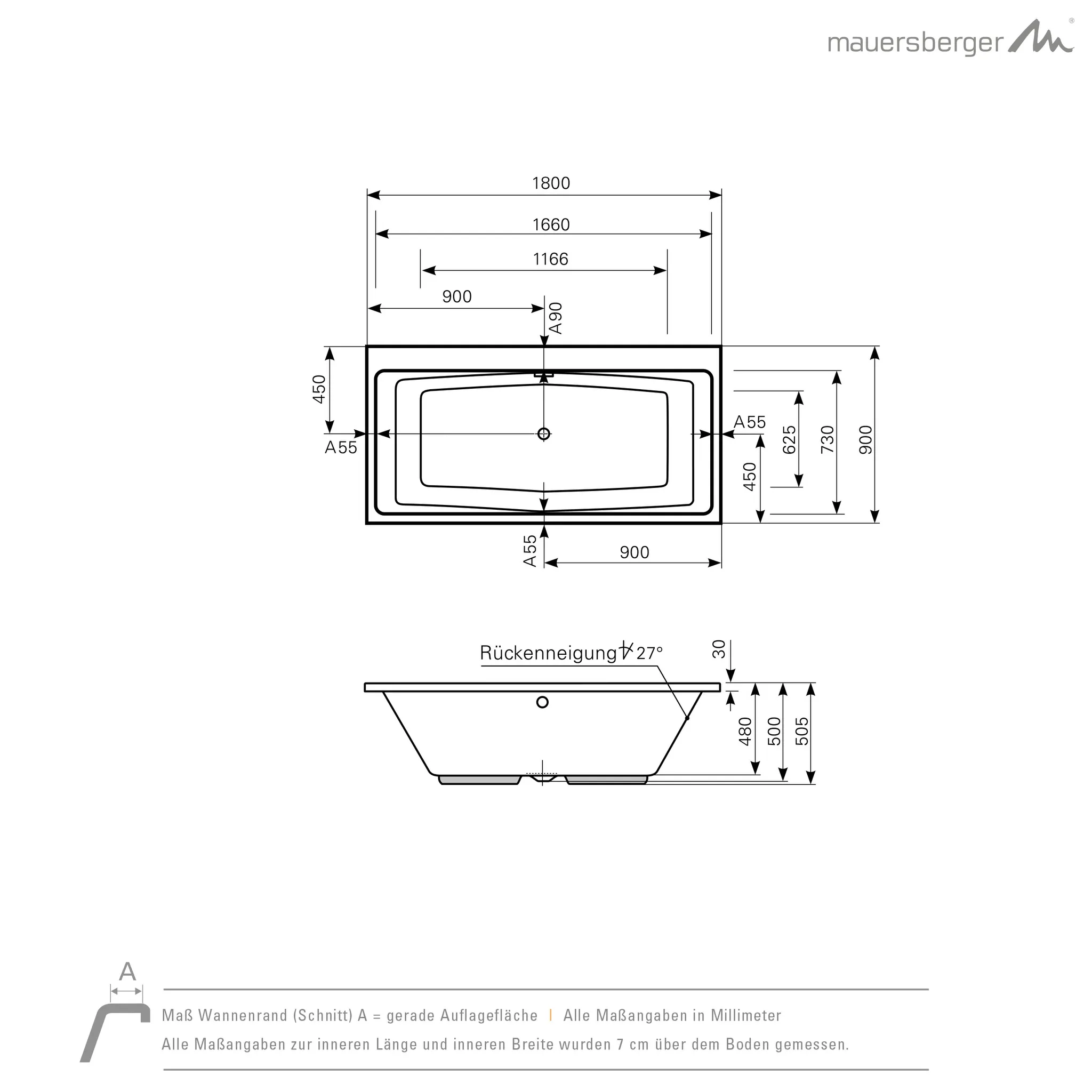 Mauersberger duoformis Acryl-Badewanne duoformis 180/90 1800x900x505, Farbgruppe: 2