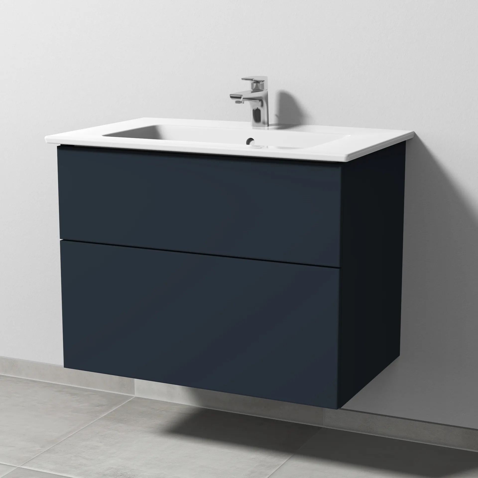Keramik-Waschtisch-Set mit Waschtischunterschrank „3way“ 75,5 × 47,7 × 59,1 cm in Marine (matt), mit Hahnlochbohrung, Becken mittig Keramik-Waschtisch-Set mit Waschtischunterschrank „3way“ 75,5 × 47,7 × 59,1 cm in Marine (matt), mit Hahnlochbohrung, Becken mittig