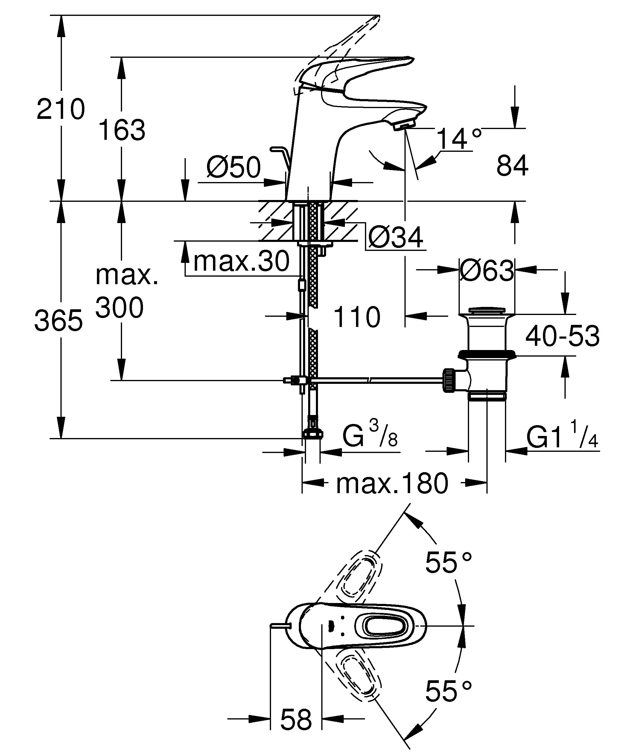 Einhand-Waschtischbatterie Eurostyle 33558_3, S-Size, Einlochmontage, offener Metall-Hebelgriff, Zugstangen-Ablaufgarnitur 1 1/4'', chrom