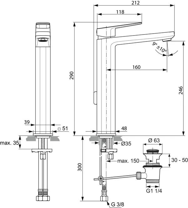 Waschtischarmatur Tonic II, mit verlägertem Sockel, 5 l/min., mit Ablaufgarnitur, Ausladung 160mm, Chrom Waschtischarmatur Tonic II, mit verlägertem Sockel, 5 l/min., mit Ablaufgarnitur, Ausladung 160mm, Chrom