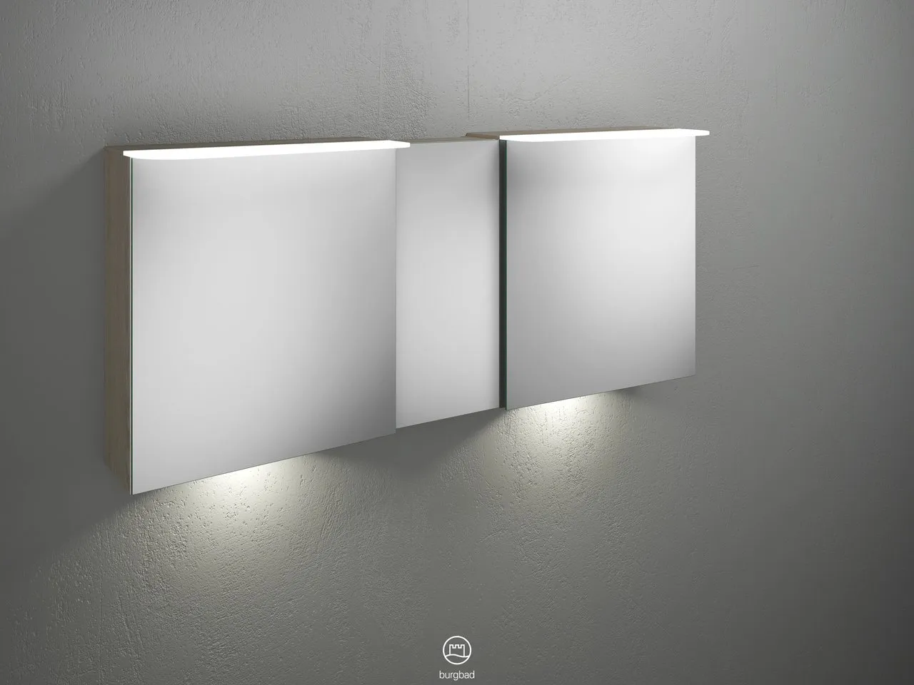 Badu Spiegelschrank SFUF150 von burgbad - 310 mm tief, 1.500 mm breit, 665 mm hoch mit 3 beidseitig verspiegelten Spiegeln und LED-Beleuchtung Badu Spiegelschrank SFUF150 von burgbad - 310 mm tief, 1.500 mm breit, 665 mm hoch mit 3 beidseitig verspiegelten Spiegeln und LED-Beleuchtung