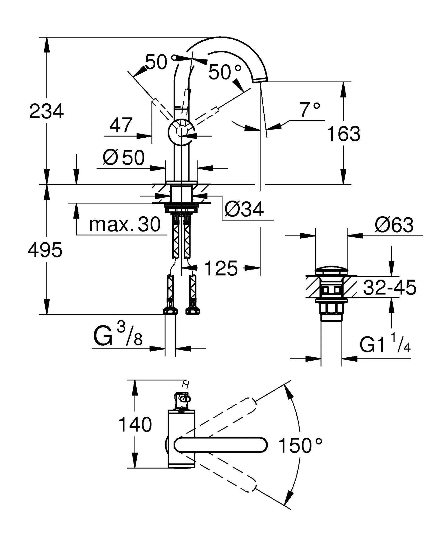 Einhand-Waschtischbatterie Atrio 24363, M-Size, Einlochmontage, schwenkbarer Bogenauslauf, mit Hebelgriff, Push-open Ablaufgarnitur 1 1/4'', chrom