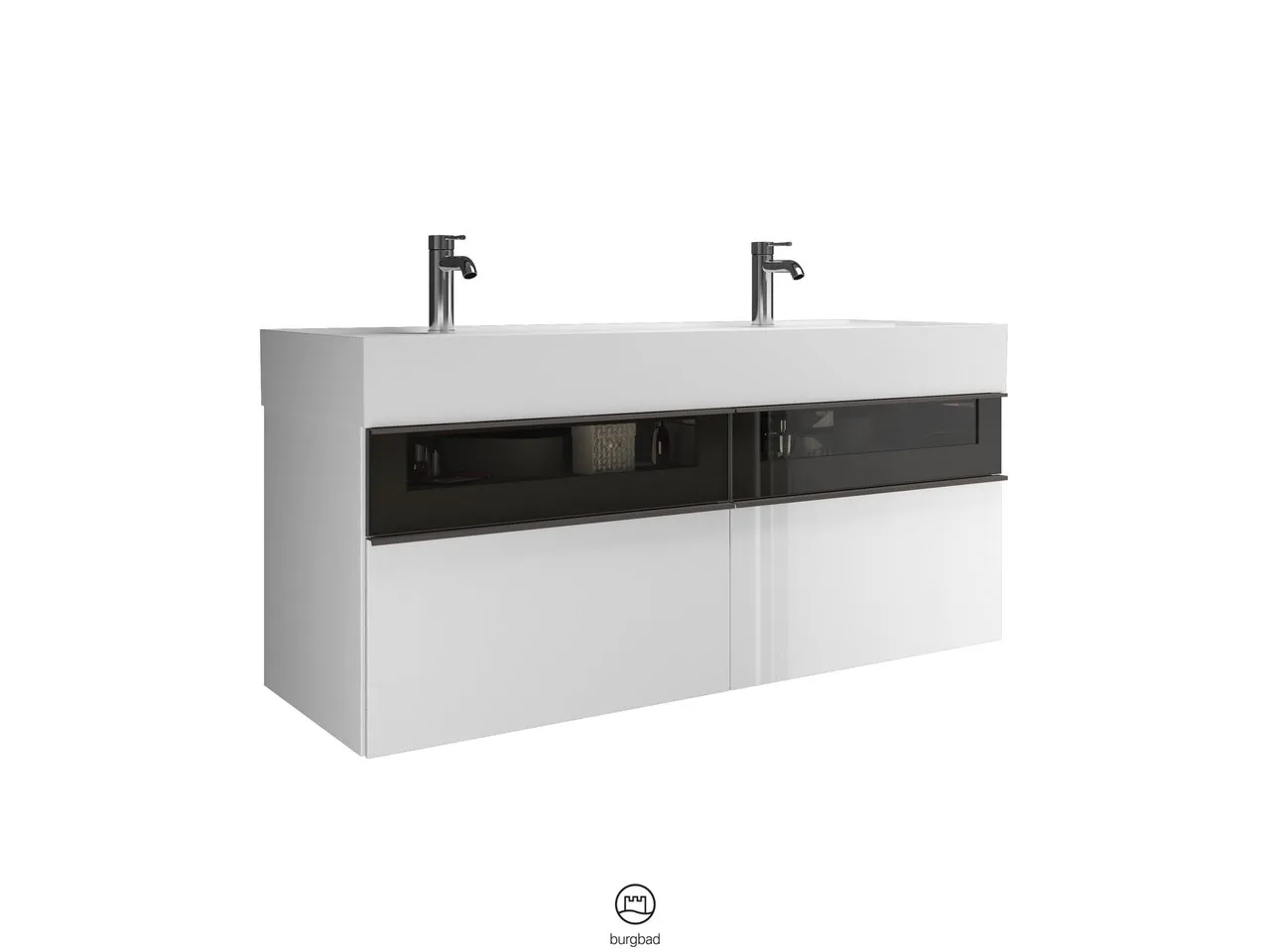 Mi-Waschtisch inkl. WTU Yumo von burgbad – Mineralguss, 470x1315x610 mm, 2 Schubladen, Rauchglaseinsatz