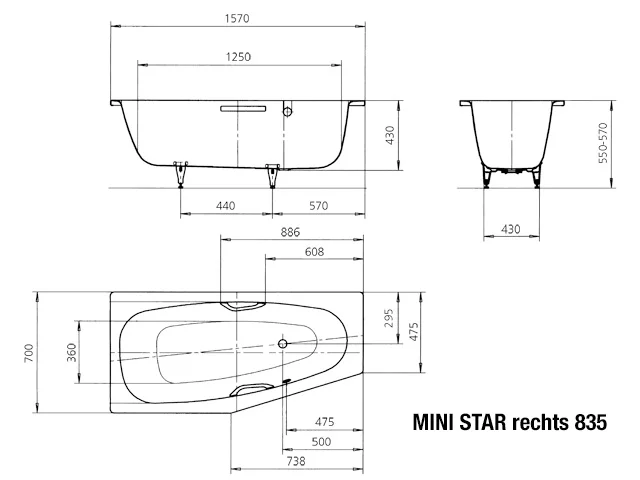 Kaldewei MINI STAR RECHTS Badewanne, 1570x700 mm, alpinweiß, MADE IN GERMANY
