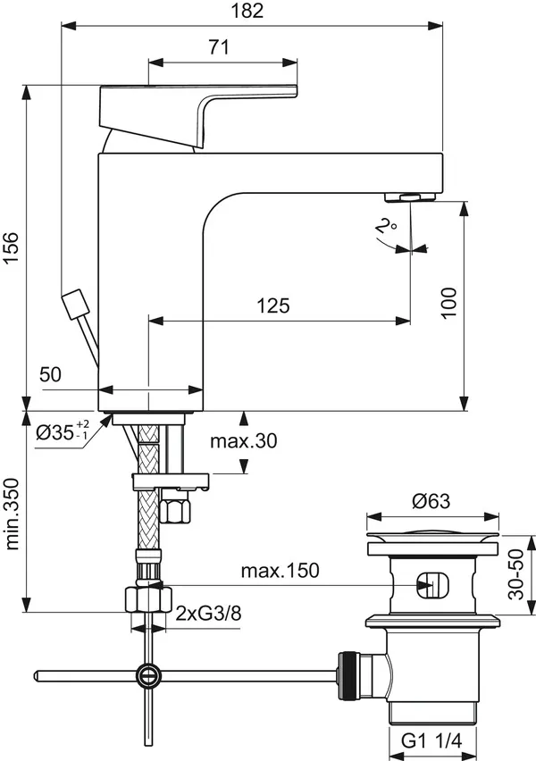 Waschtischarmatur Edge, 5 l/min., mit Ablaufgarnitur, Ausladung 125mm, Chrom Waschtischarmatur Edge, 5 l/min., mit Ablaufgarnitur, Ausladung 125mm, Chrom